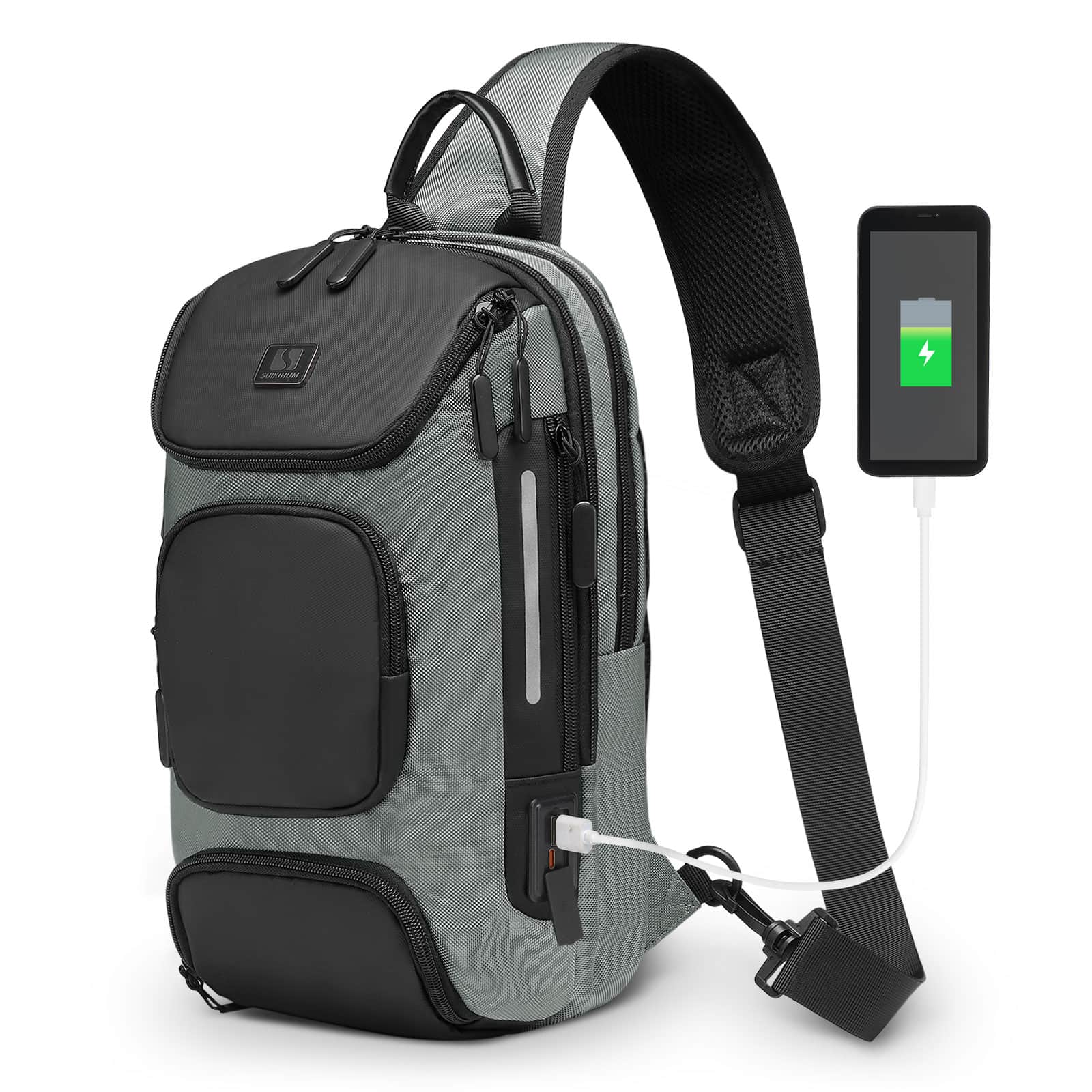 Unique Bargains - Sling Bag for Men Anti Theft Mini Backpack with USB Charge Port Lightweight Convertible Crossbody One Strap Casual Pack - Gray