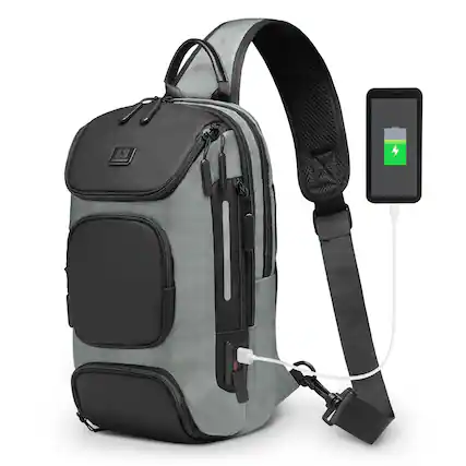 Front. Unique Bargains - Sling Bag for Men Anti Theft Mini Backpack with USB Charge Port Lightweight Convertible Crossbody One Strap Casual Pack - Grey.