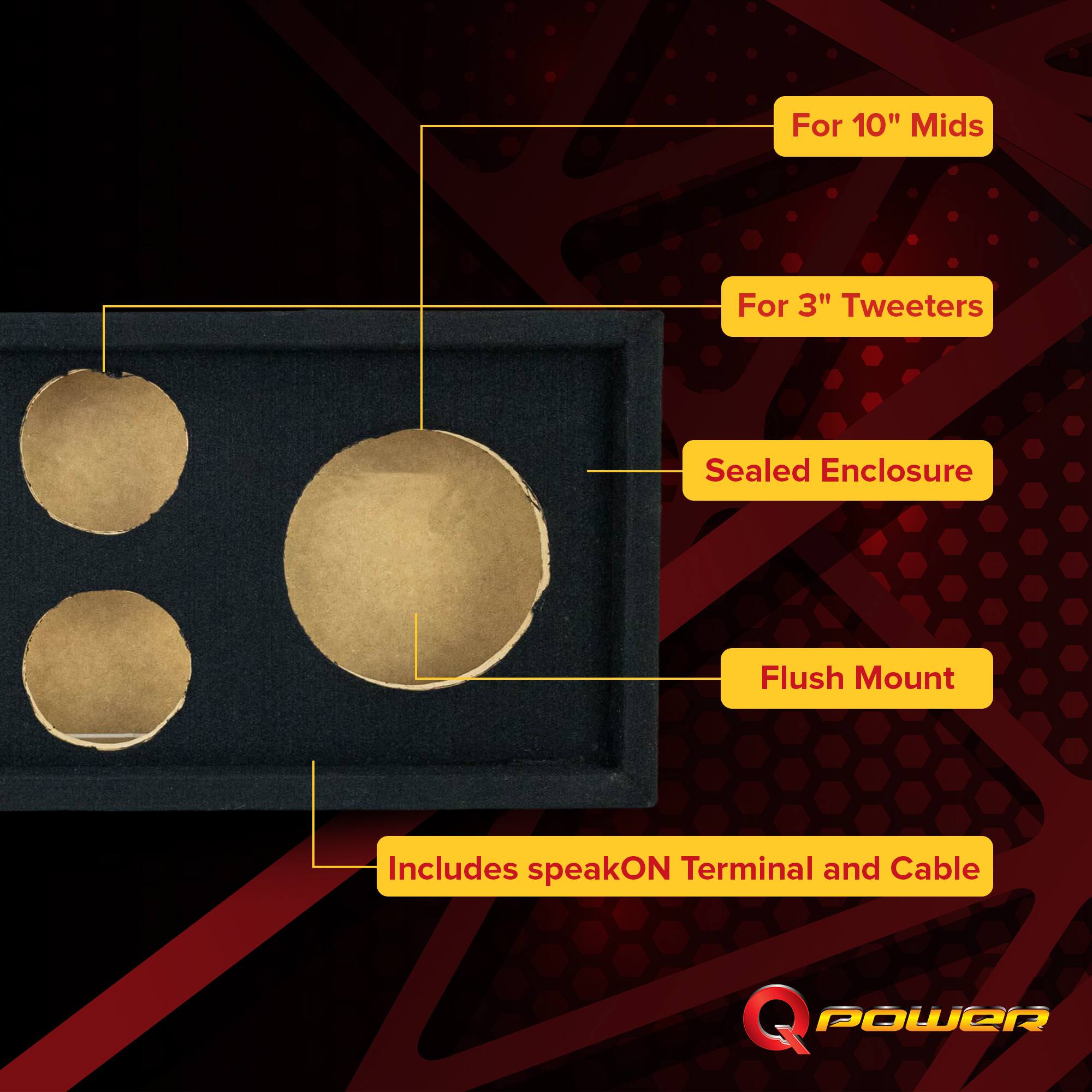 For 10" Mids  
For 3" Tweeters  
Sealed Enclosure  
Flush Mount  
Includes speakON Terminal and Cable  

Q POWER