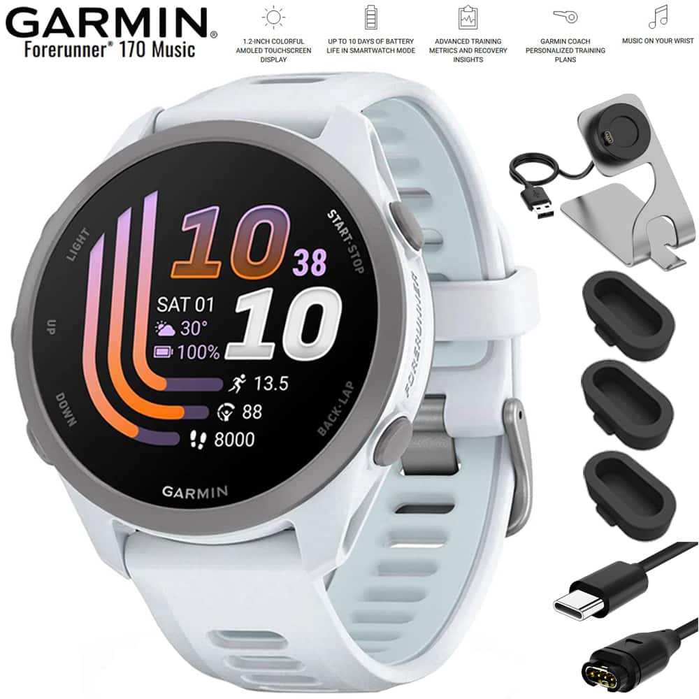Garmin - Forerunner 170 Music GPS Smartwatch 43 mm Fiber-Reinforced polymer + Charging Dock & Extra Cable Bundle - Whitestone/Cloud Blue - (2026) price history on PriceWatchPro