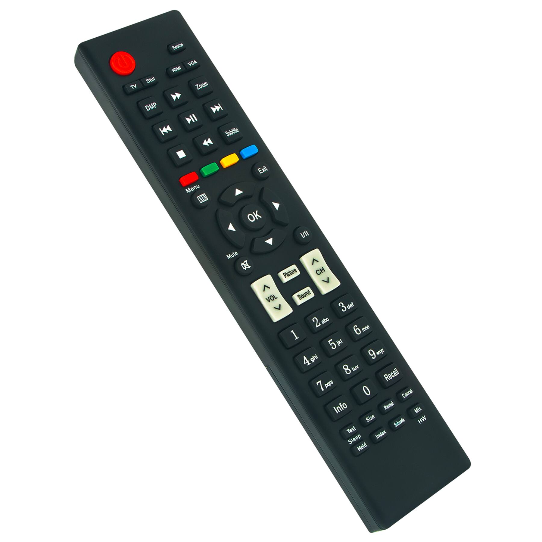 Sure, here is the corrected and grouped text from the image:

**Top Row:**
- TV
- Sleep
- DMP
- Zoom
- Subtitle
- Menu
- Exit
- OK

**Middle Row:**
- Mute
- CH
- Picture
- VOL
- Sound

**Number Pad:**
- 1
- 2 abc
- 3 def
- 4 ghi
- 5 jkl
- 6 mno
- 7 pqrs
- 8 tuv
- 9 wxyz
- 0

**Bottom Row:**
- Recall
- Cancel
- Info
- Rovea
- Mix
- Size
- Sarade
- HW
- Text
- Index
- Sleep
- Hold

**Additional Buttons:**
- Power
- VOL
- Sound
- Menu
- OK
- Mute
- CH
- Picture
- Subtitle
- Zoom
- DMP
- Exit
- Recall
- Cancel
- Info
- Rovea
- Mix
- Size
- Sarade
- HW
- Text
- Index
- Sleep
- Hold