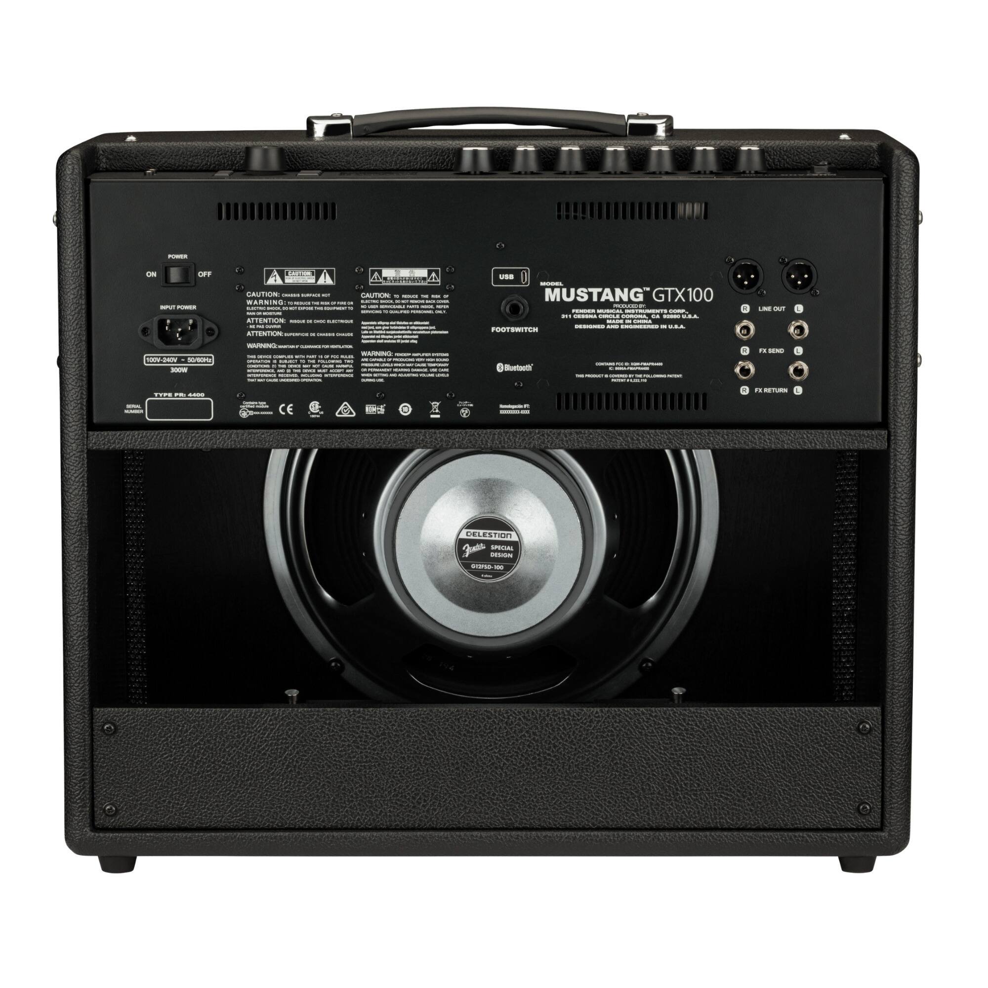 MUSTANG GTX100  
21st Century Music, Inc.  
Designed and Engineered in the USA  
Made in China  

POWER  
ON  
OFF  

INPUT POWER  
100V-240V, 50/60Hz  

USB  
Bluetooth®  

LINE OUT  
FX SEND  
FX RETURN  

CELESTION  
G12M-60  
60W  

WARNING:  
- Do not immerse in water.  
- Do not expose to rain.  
- Do not use near water.  
- Do not use in damp or wet conditions.  
- Do not use near water.  
- Do not use in damp or wet conditions.  
- Do not use near water.  
- Do not use in damp or wet conditions.  
- Do not use near water.  
- Do not use in damp or wet conditions.  
- Do not use near water.  
- Do not use in damp or wet conditions.  
- Do not use near water.  
- Do not use in damp or wet conditions.  
- Do not use near water.  
- Do not use in damp or wet conditions.  
- Do not use near water.  
- Do not use in damp or wet