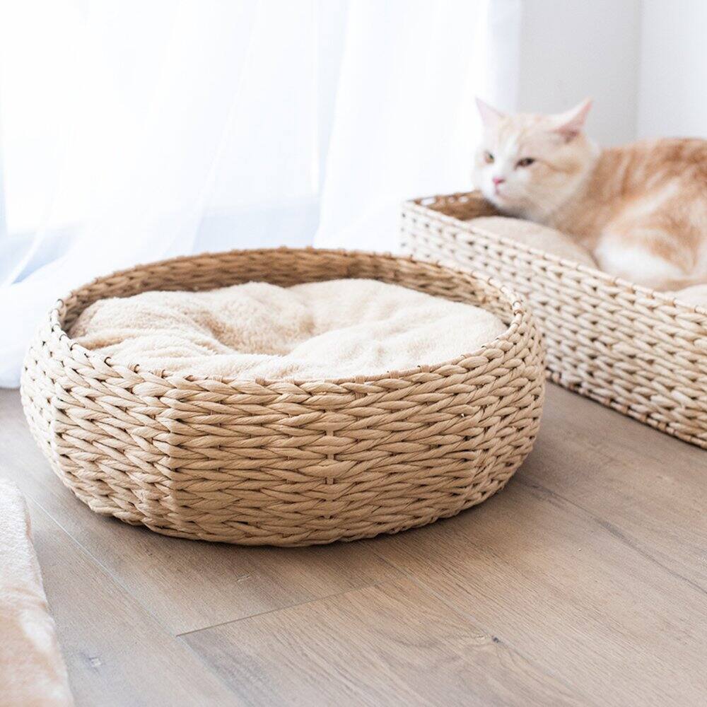 Alt View 1. PetPals - Paper Rope Wicker Design Round Cat Bed - Brown.