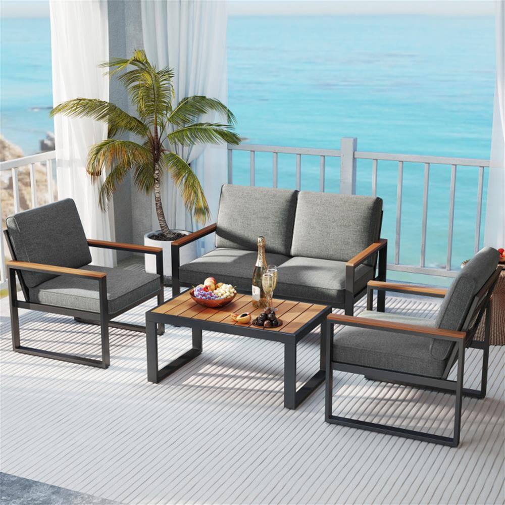 Back. Kadyn - Patio Furniture Sets,Outdoor & Patio Furniture Sets,4 Piece Patio Aluminum Furniture Set with Armrests - Gray.