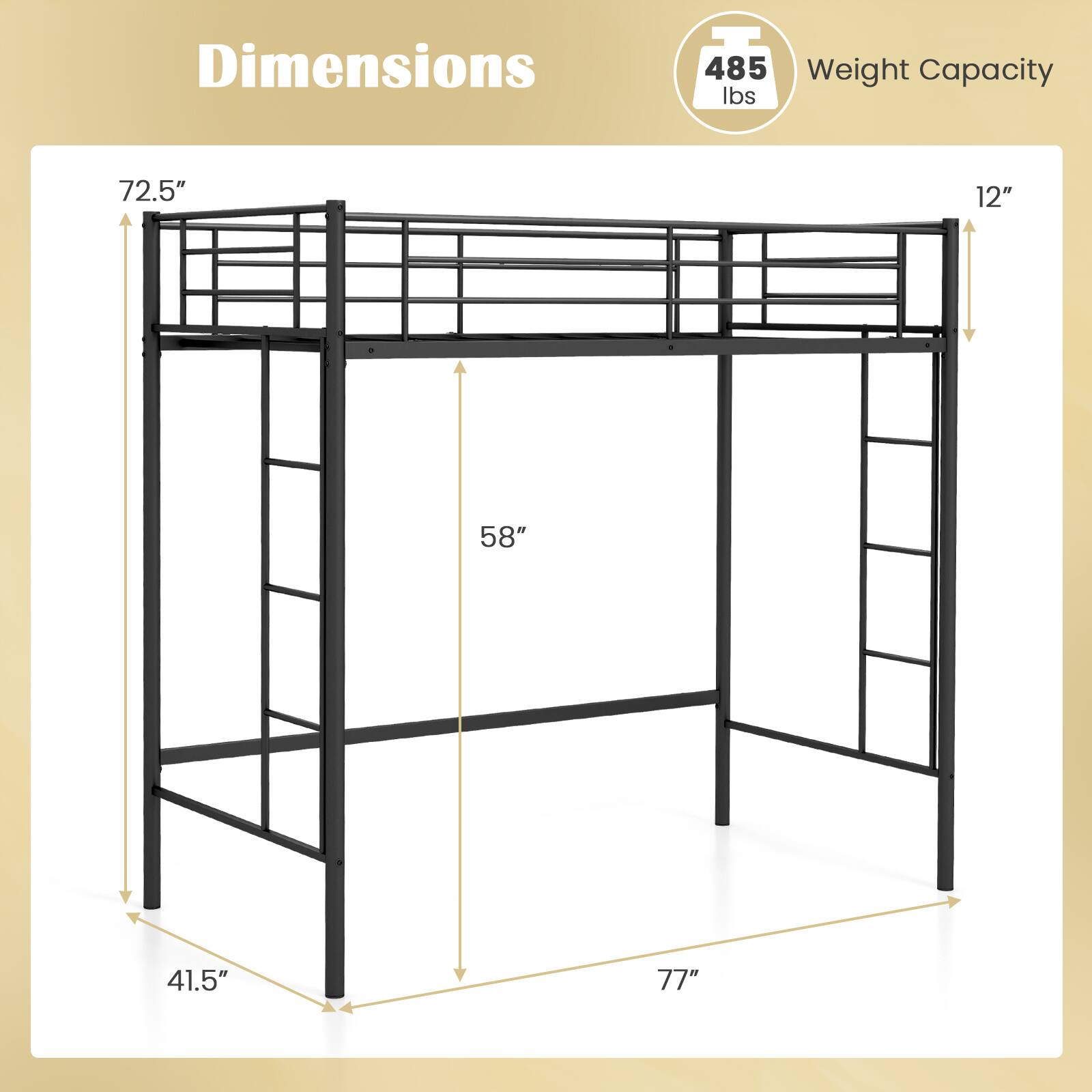 The text on the image reads "Dimensions 485 Weight Capacity lbs 72.5" 12" 58" 41.5" 77"". The dimensions are 485, 72.5, 12, 58, and 41.5 inches. The weight capacity is 72.5 pounds.
