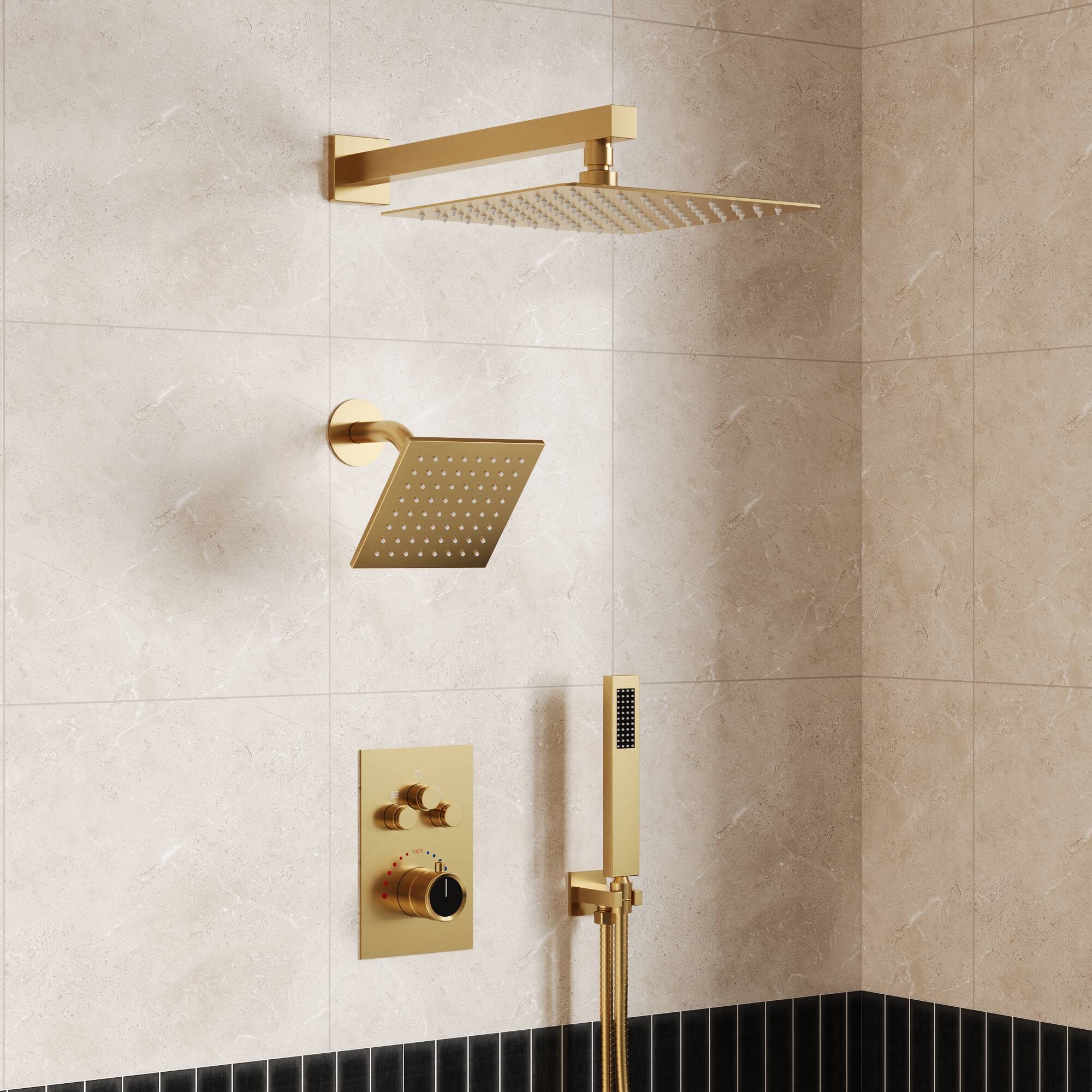 Angle. GRANDJOY - 12" Dual Rain Shower System with Handheld Shower, Thermostatic Valve and 3 Function Diverter Faucet Set - Brushed Gold.