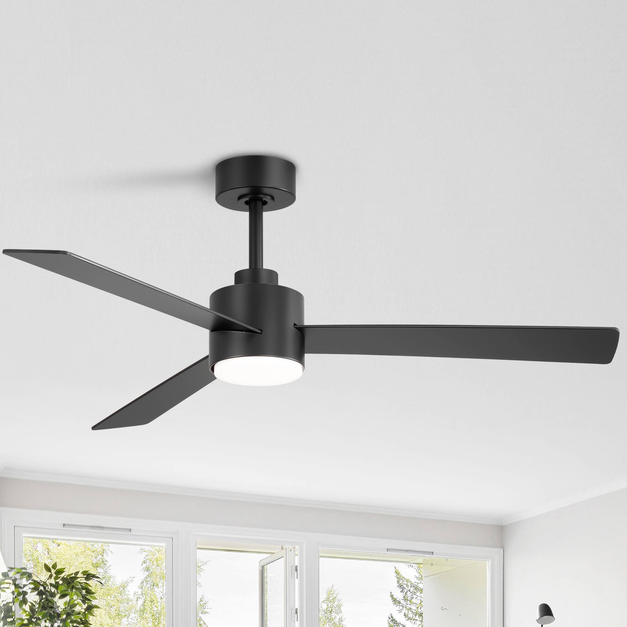 Left. Breezary - 52" Indoor Ceiling Fan, 3 Plywood Blades, 6-Speed DC Motor, Remote & Timer, 5" & 10" Downrods, LED Light/No Light Option - Black (With Light).