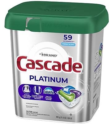 TEAR BOTH SIDES  
59 ACTIONPACS  
FRESH SCENT  
BRAND  
Cascade PLATINUM  
DAWN  
SCRUBS  
CLEANS JPONY ORIED  
VISIBLE CREASE  
AND INVISIBLE FOOD RESIDUE  
FIGHTING POWER  
CAUTION: BRG  
903  
(31.8 OZ)  
1.99 LB