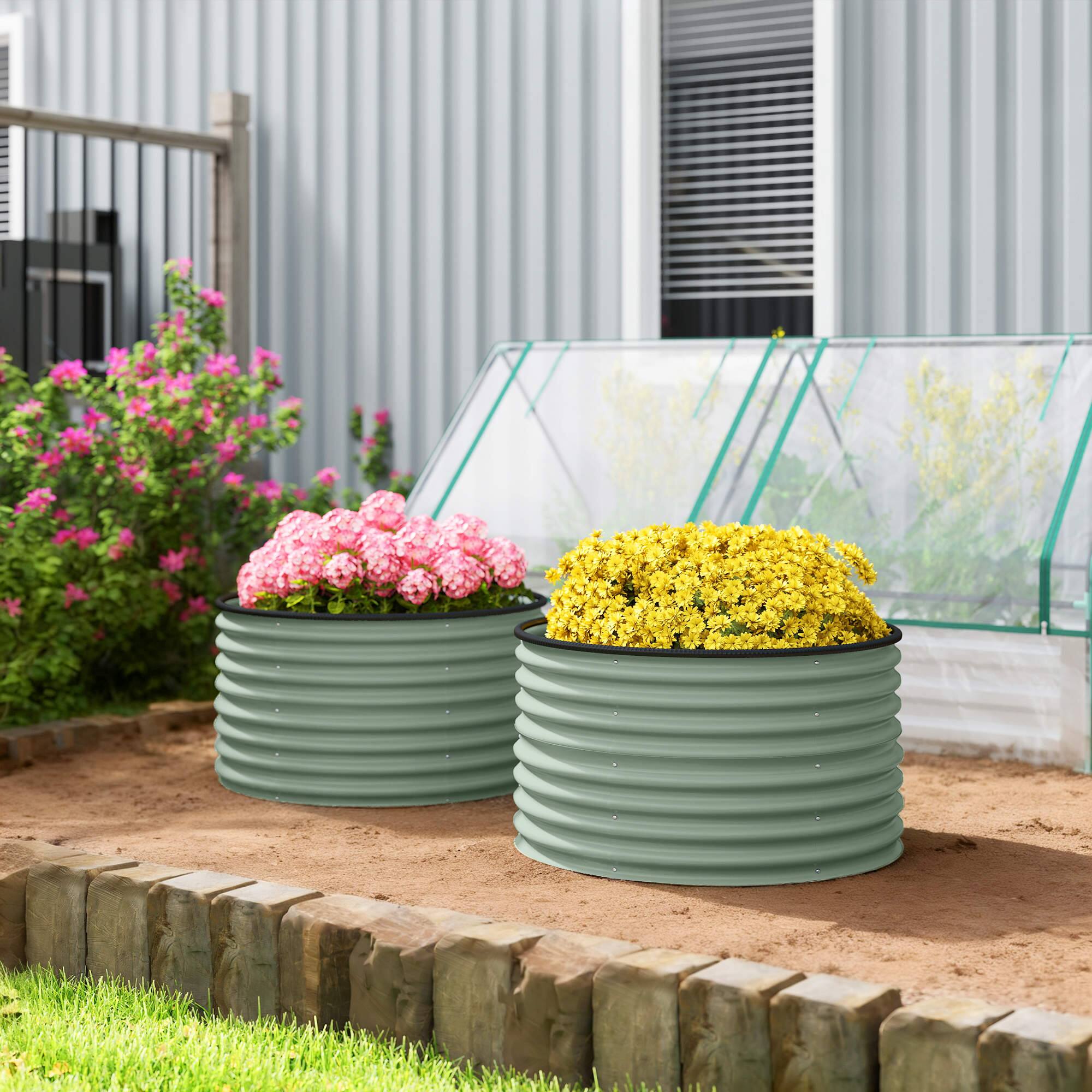 Alt View 1. Outsunny - Galvanized Raised Garden Bed Set of 2, Planters for Outdoor Plants with Safety Edging - Green.