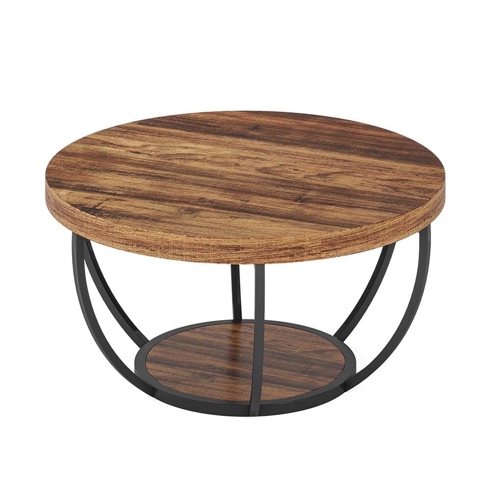 Angle. Kadyn - Kadyn Wooden Coffee Table, 2-Tier Round Central Cocktail Table with Shelves,Brown - Brown.