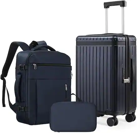 Front. Quick Deer - 3 Piece Carry On Luggage Set with 20" Suitcase, 36L Travel Backpack with 180° Opening and Waterproof Toiletry Bag - Blue.
