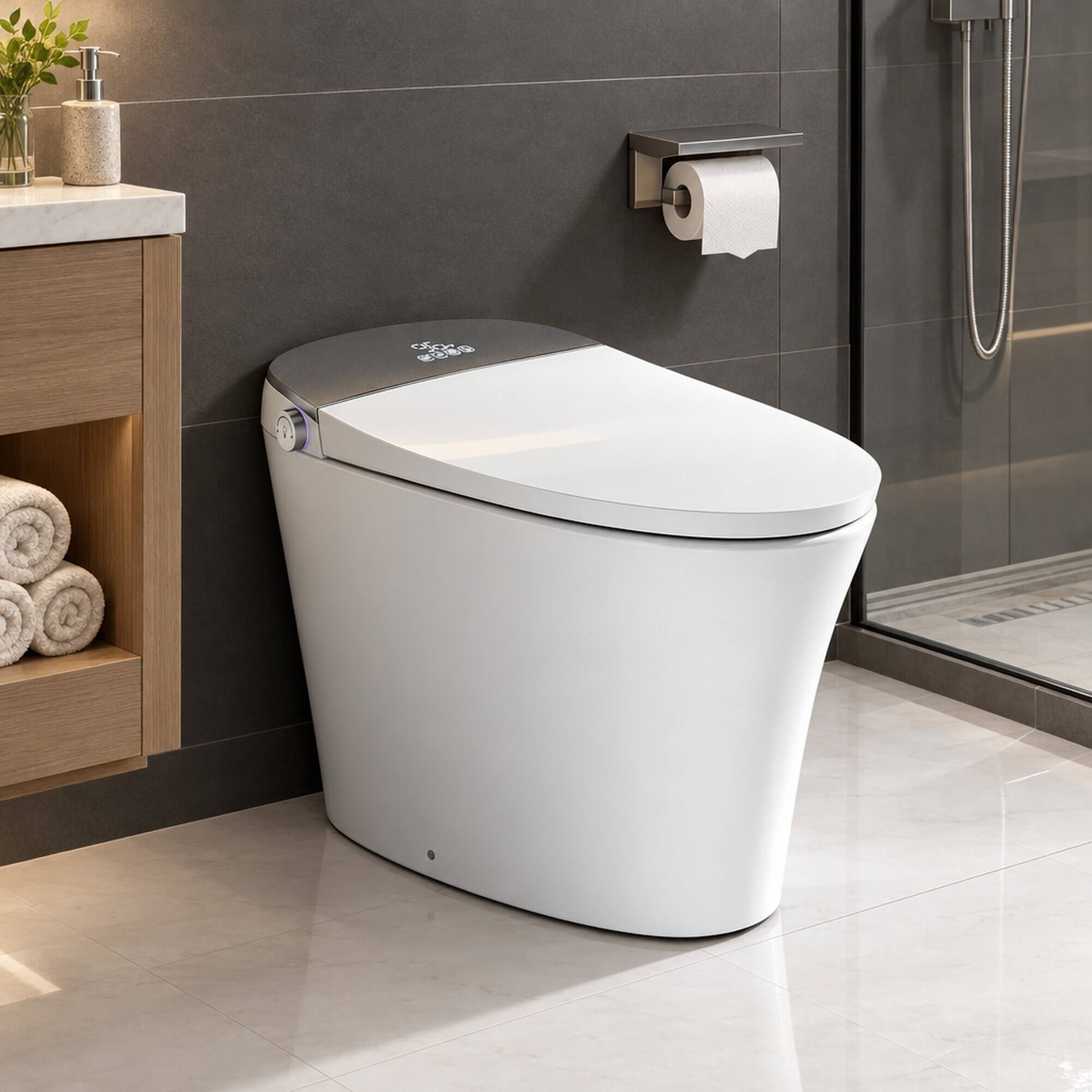 Back. RYHNUYNE - Smart Toilet With Foam Shield, Zero Water Pressure Flush Heated Seat Warm Water and Dryer Auto Flush and Close - White.