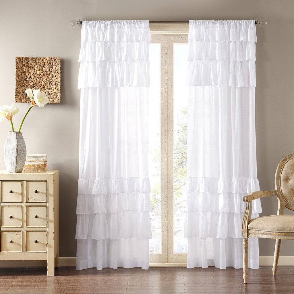 Front. BreeBe - Cotton Oversized Ruffle Curtain Panel White 50x84' - White.