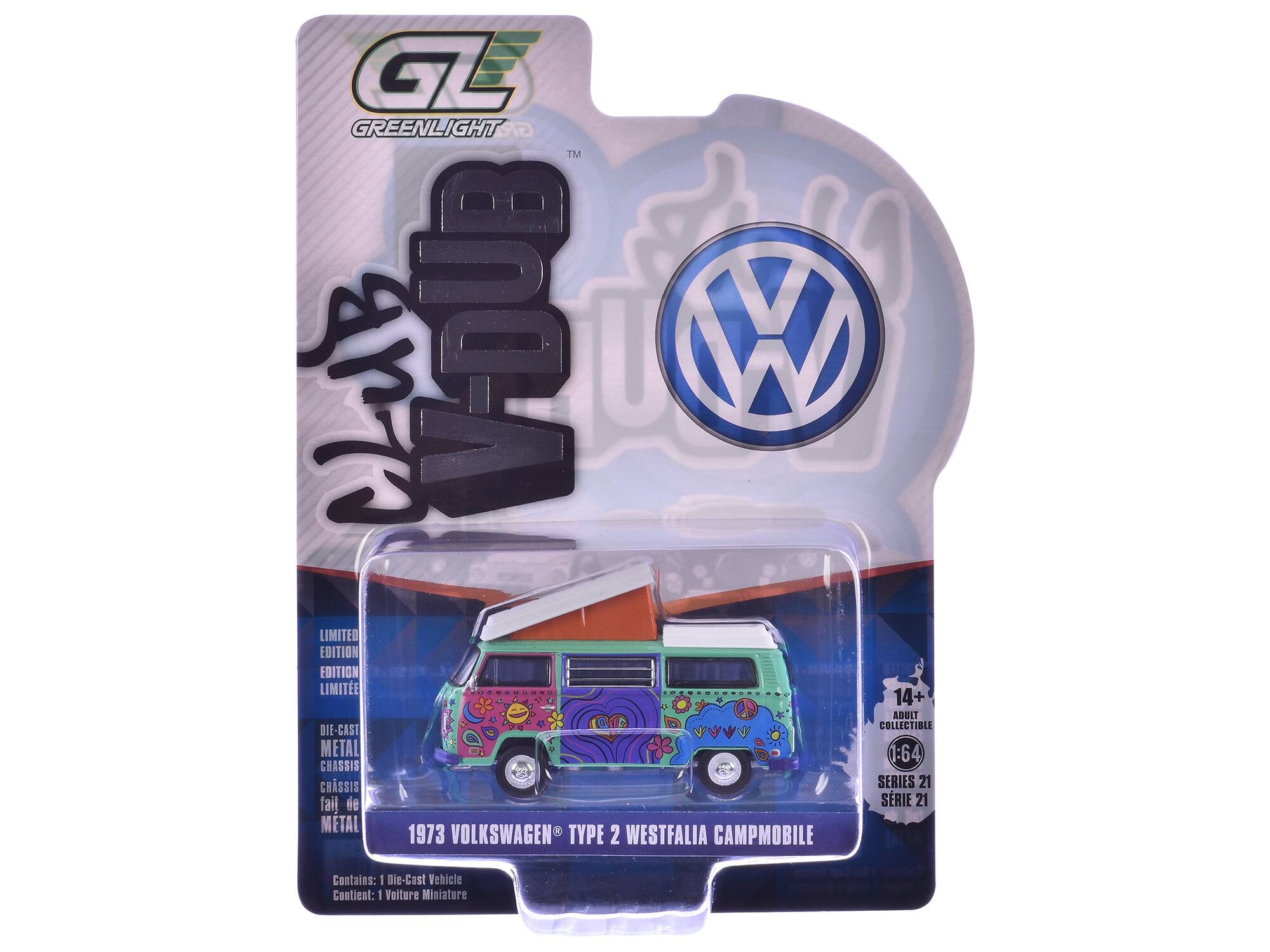 GREENLIGHT TM LUB VOUD W LIMITED EDITION EDITION LIMITE 14+ ADULT COLLECTIBLE DIE-CAST METAL :64 CHASSIS CHASSIS SERIES 21 FAI DE SERIE 21 METAL 1973 VOLKSWAGEN TYPE 2 WESTFALIA CAMPMOBILE

Contains: 1 Die-Cast Vehicle
Contient: 1 Voiture Miniature