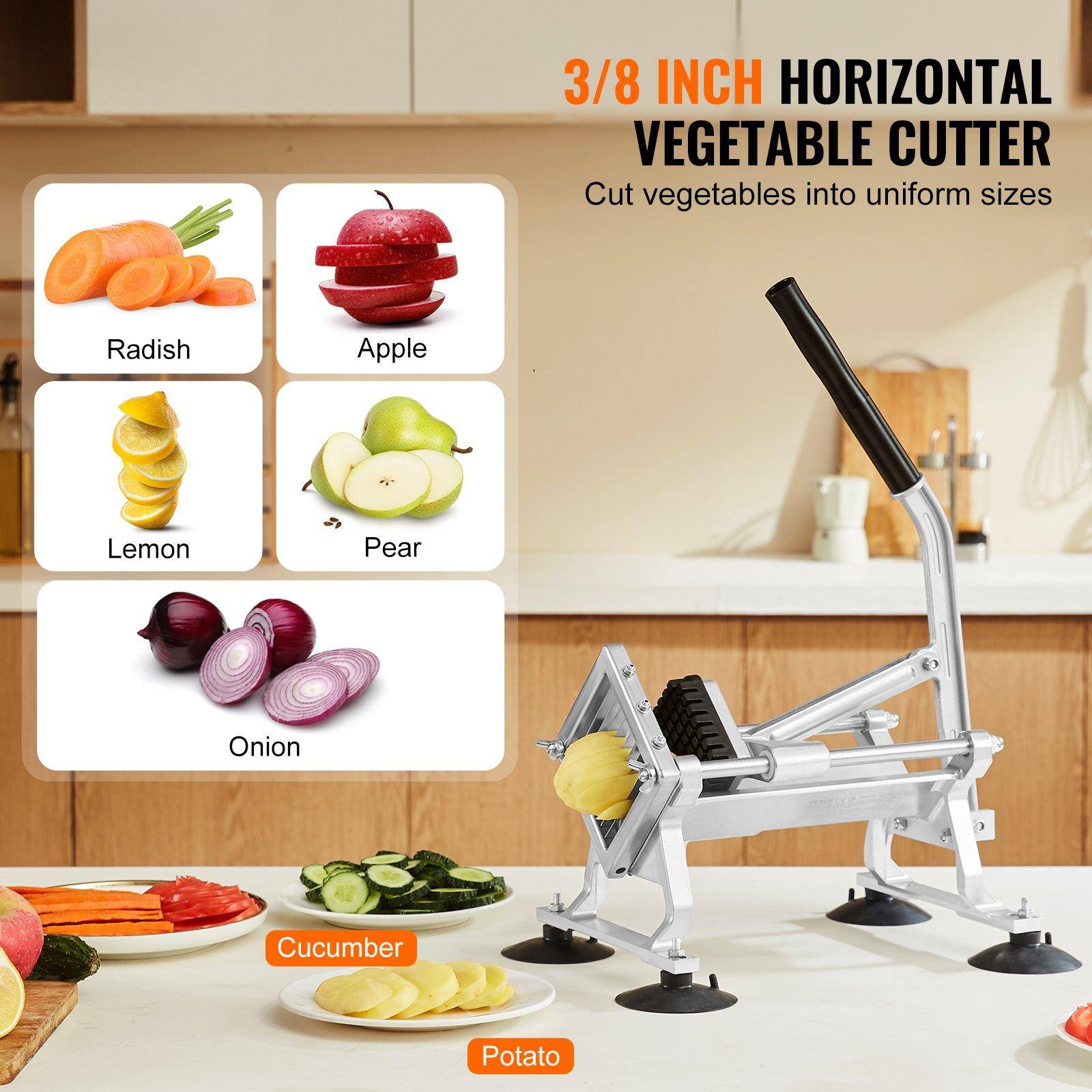 3/8 INCH HORIZONTAL VEGETABLE CUTTER  
Cut vegetables into uniform sizes  

- Radish  
- Apple  
- Lemon  
- Pear  
- Onion  
- Cucumber  
- Potato