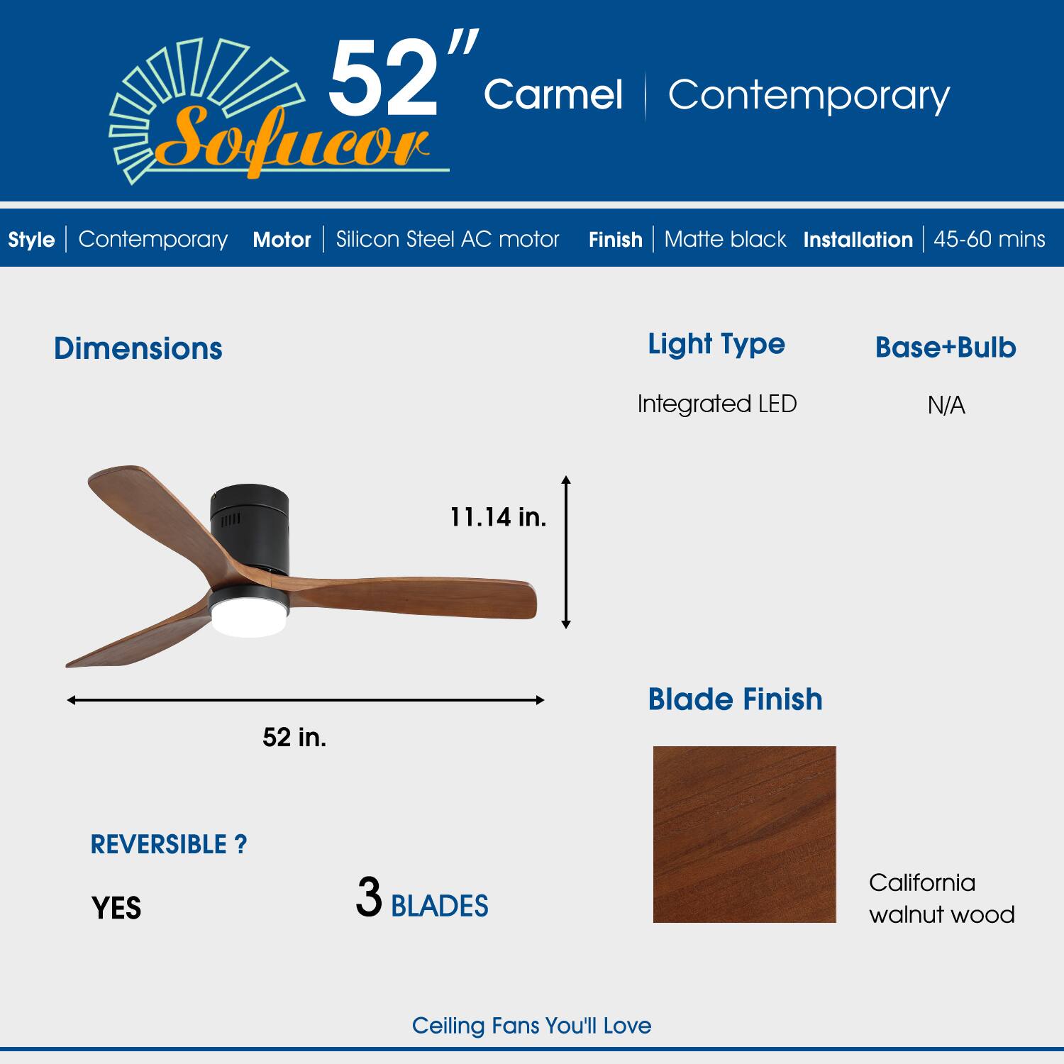 52" Carmel | Contemporary  
Style: Contemporary  
Motor: Silicon Steel AC motor  
Finish: Matte black  
Installation: 45-60 mins  

Dimensions:  
- 52 in.  
- 11.14 in.  

Light Type: Integrated LED  
Base+Bulb: N/A  

Reversible? YES  
Blades: 3  
Blade Finish: California walnut wood  

Ceiling Fans You'll Love