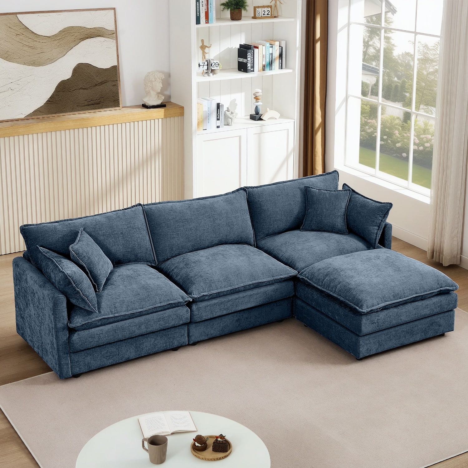 10:10 Games - 102" L Shaped Couch Set for Living Room, Modular Sectional Sofa with Ottoman - Blue - Blue