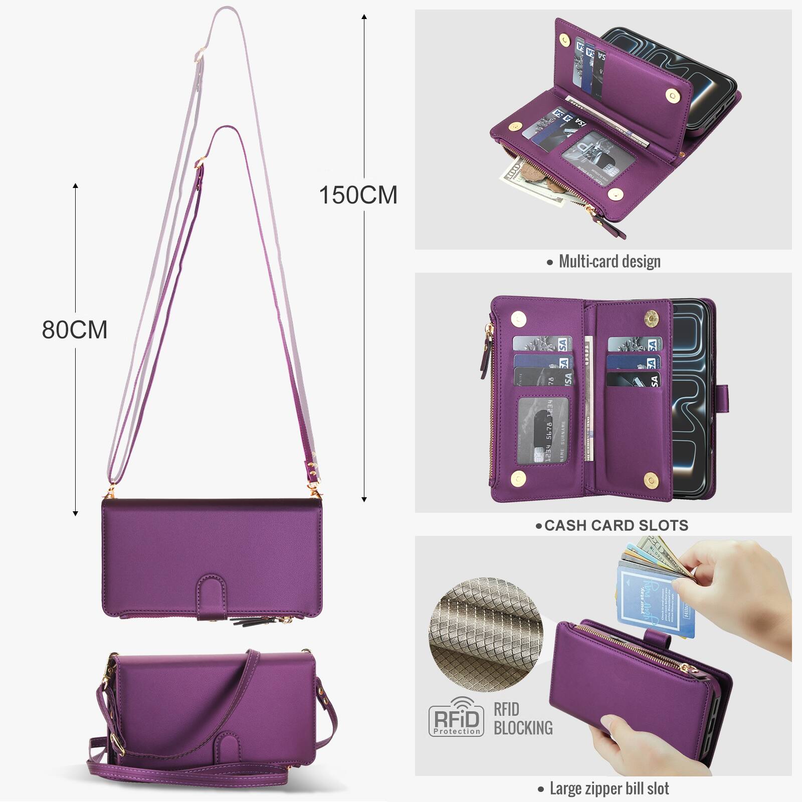 A2  
ISA  
150CM  
Multi-card design  
80CM  
CALLET 5678  
SA  
CASH CARD SLOTS  
RFID RFiD Protection BLOCKING  
Large zipper bill slot