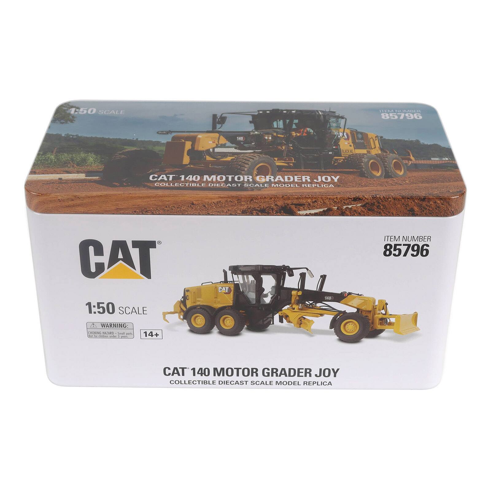 1:50 SCALE  
ITEM NUMBER 85796  

CAT 140 MOTOR GRADER JOY COLLECTIBLE DIECAST SCALE MODEL REPLICA  

1:50 SCALE  
WARNING: CHOKING HAZARD - Small parts. Not for children under 3 years.  
14+  

CAT 140 MOTOR GRADER JOY  
COLLECTIBLE DIECAST SCALE MODEL REPLICA