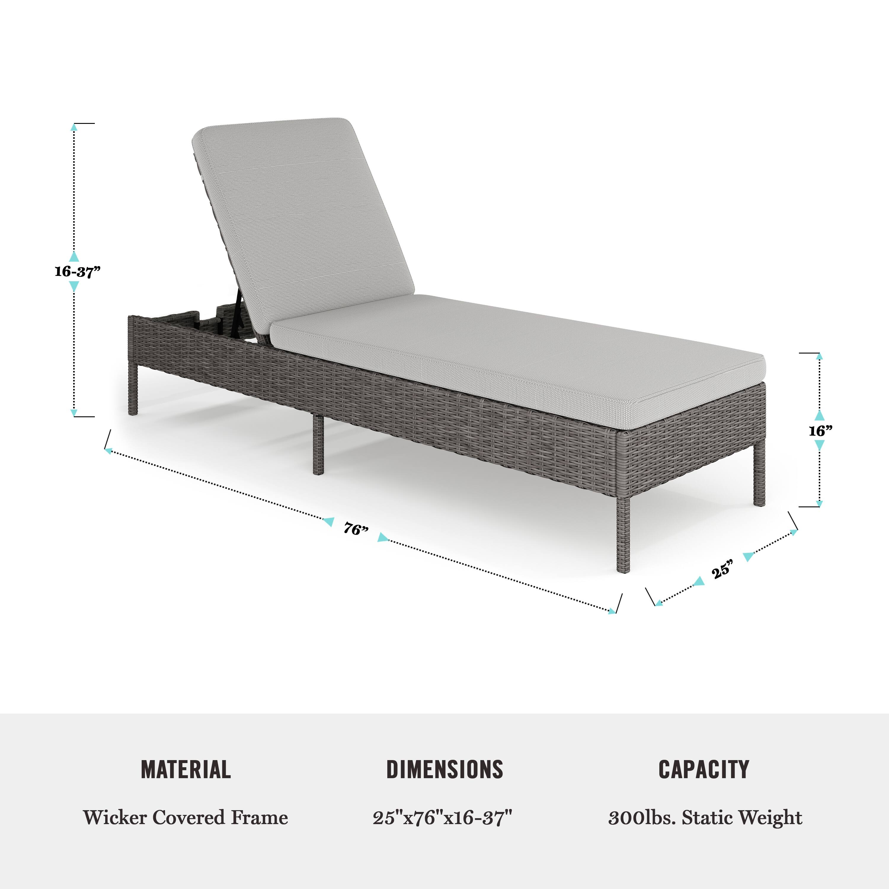 The text on the image is grouped and corrected as follows:

Material: Wicker Covered Frame
Dimensions: 25" x 76" x 16-37"
Capacity: 25' x 76" 300lbs Static Weight