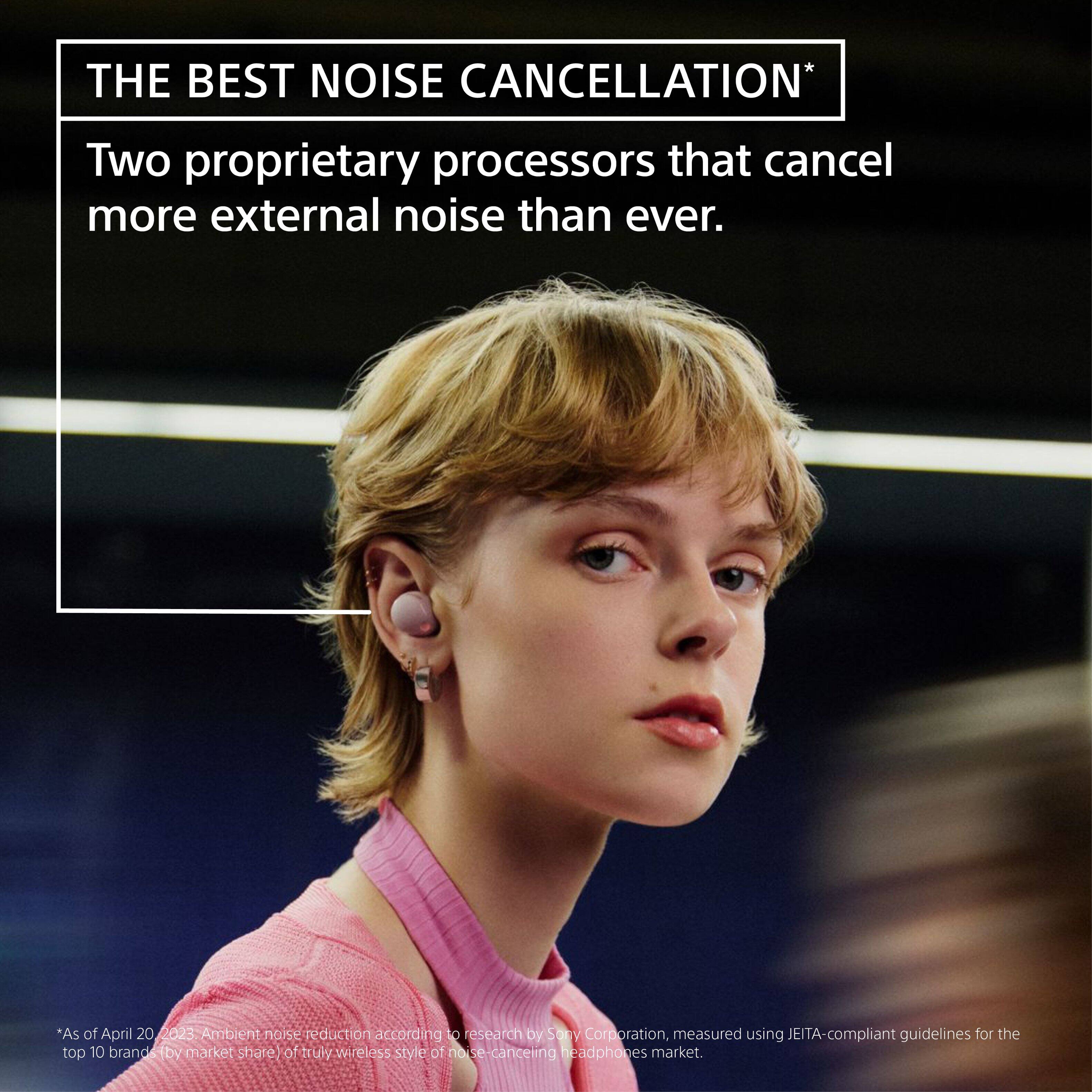 The Best Noise Cancellation: Two proprietary processors that cancel more external noise than ever. "As of April 20, 2023, according to research by Sopy Corporation, measured using JEITA-compliant guidelines for the top 10 brands by market share of truly wireless style of noise-canceling headphones market."
