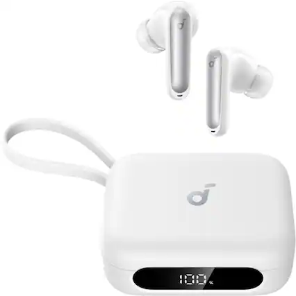 Front. Soundcore - by Anker P41i Bluetooth Wireless In Ear Earbuds with Portable USB-C 3,000mAh Phone Charger (With Lightning Adapter) - White.