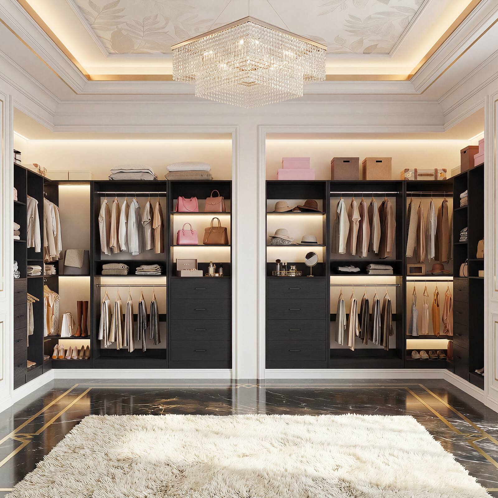 Back. Aheaplus - 46.3" Walk-in Closet Organizer System with 4 Wooden Drawers and 2 Hanging Rods - Black.