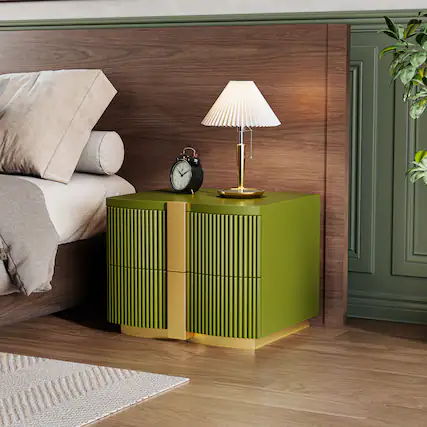 Front. Whisen - 2-Drawer Fluted Nightstand,Fully Assembled Bedside Table with Heavy-Duty Base and Gold Pulls - Olive Green.
