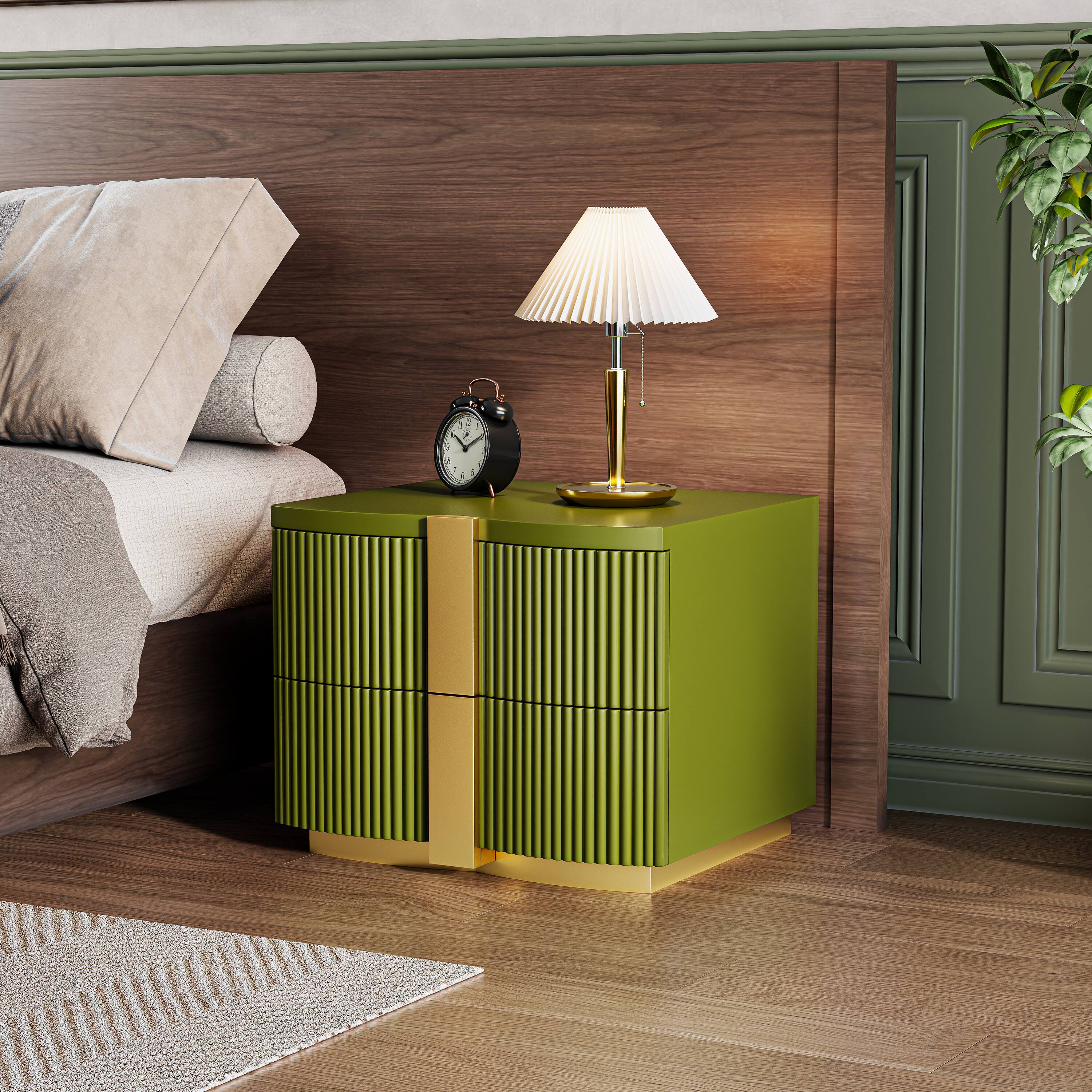 Front. Whisen - 2-Drawer Fluted Nightstand,Fully Assembled Bedside Table with Heavy-Duty Base and Gold Pulls - Olive Green.