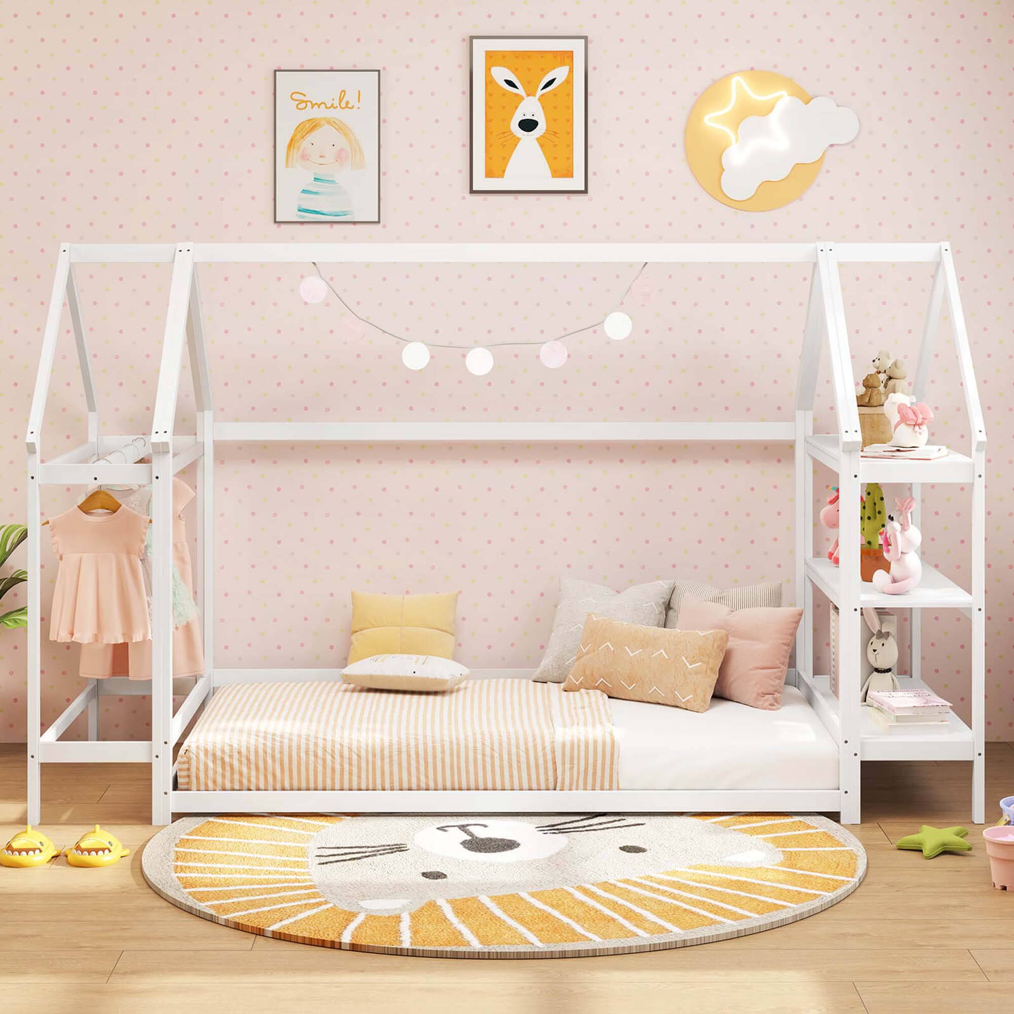 Alt View 1. Costway - Twin Size House Bed Montessori Floor Bed with Detachable Storage Shelves - White.