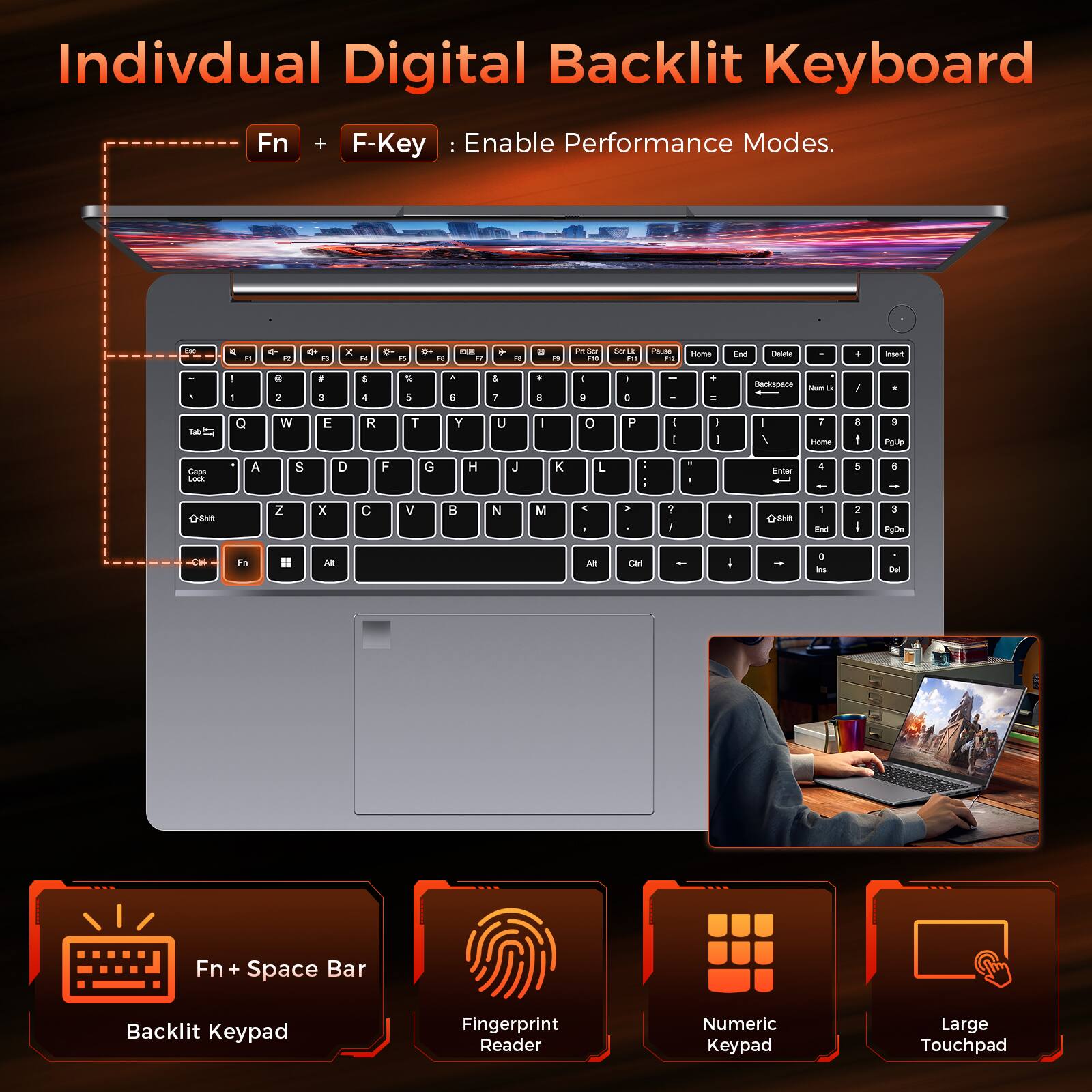 Individual Digital Backlit Keyboard

Fn + F-Key: Enable Performance Modes.

Fn + Space Bar: Backlit Keypad

Fingerprint Reader

Numeric Keypad

Large Touchpad