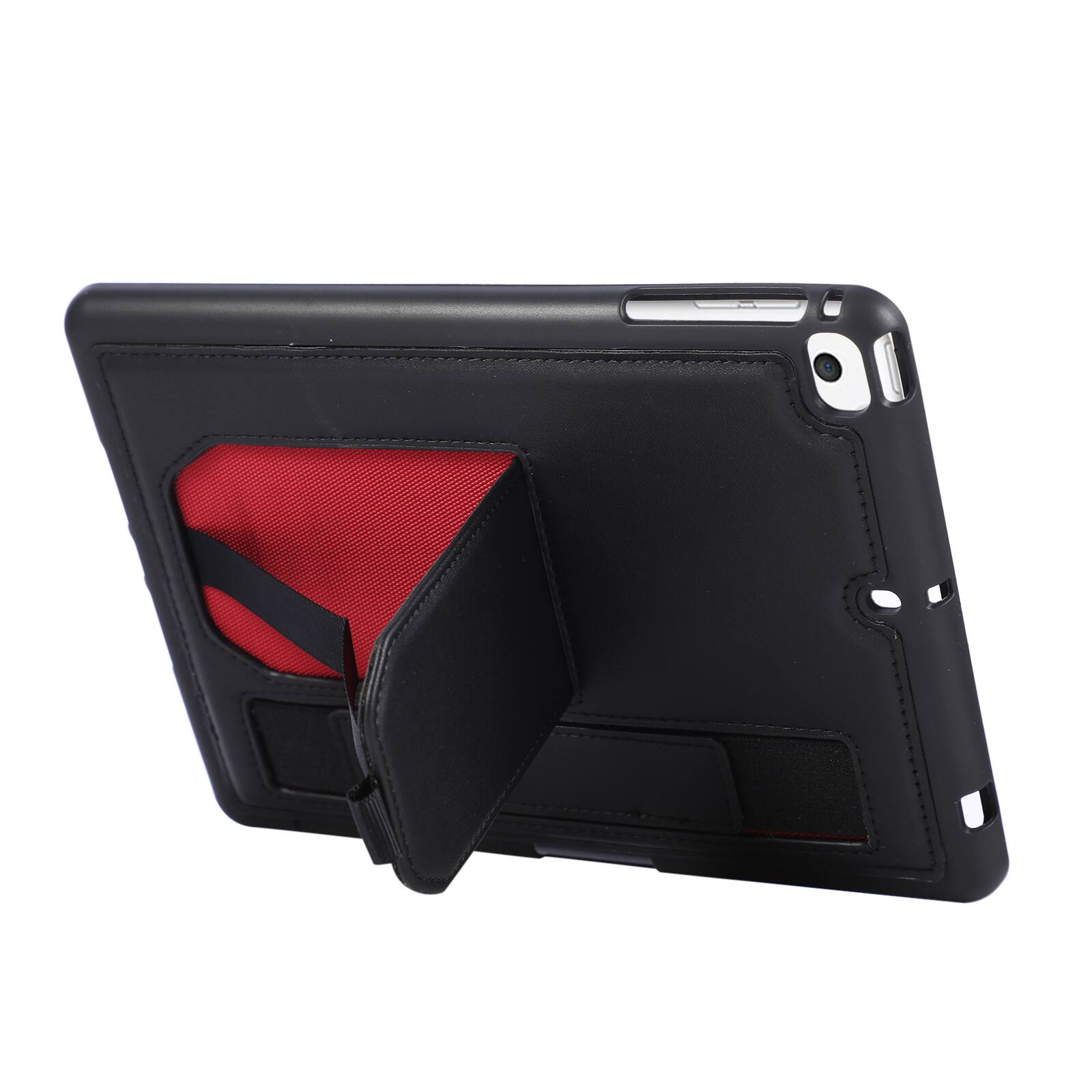 Back. Dteck - Shockproof Case for Apple iPad mini (5th Generation) 2019 with Hand Strap and Kickstand, PU Leather TPU Protective Cover - Black.