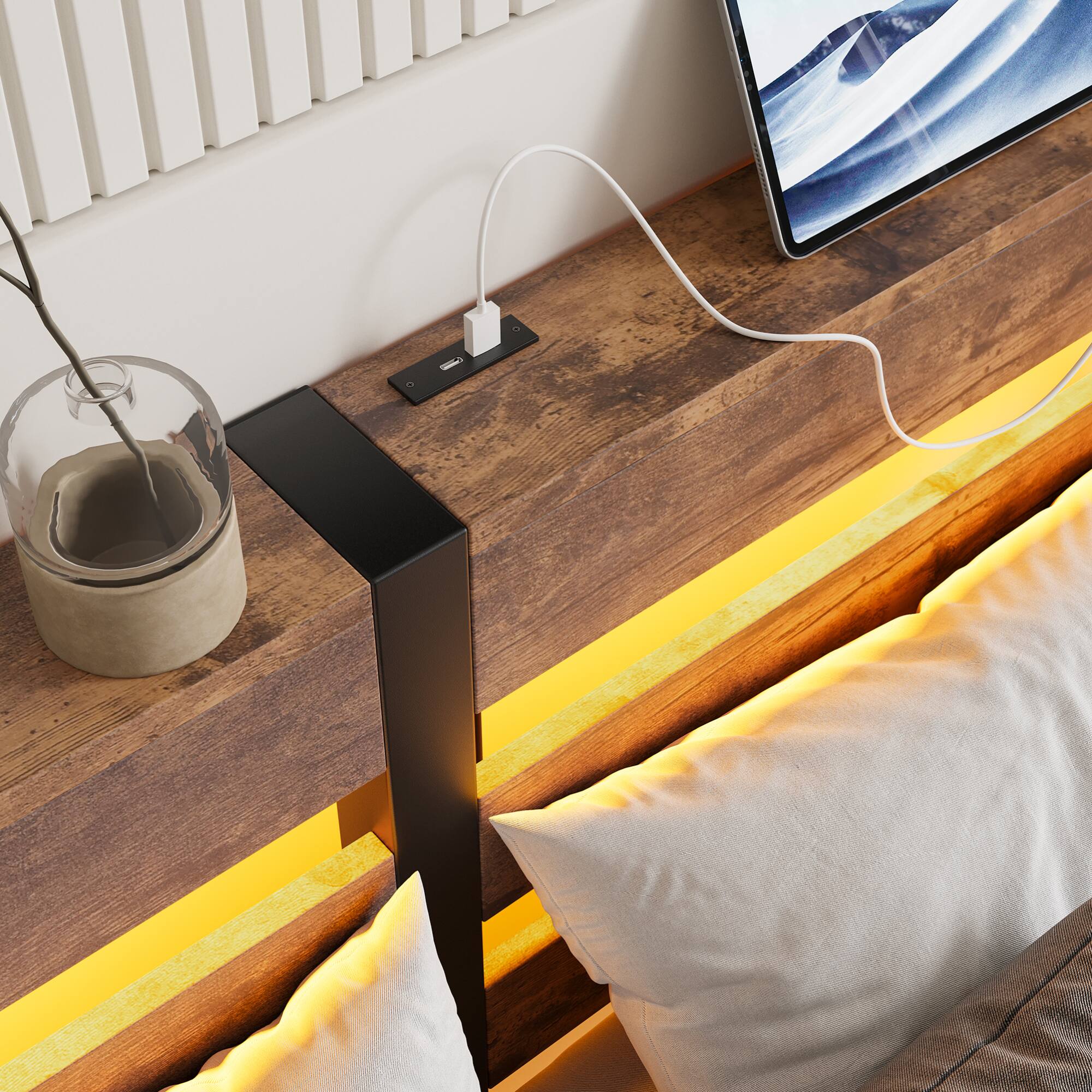 Alt View 9. GOODSILO - Full Size Metal Bed Frame with Wooden Headboard, RGB Lights, Charging Ports, Storage Shelf, Noise-Free Design - Beige+Brown.