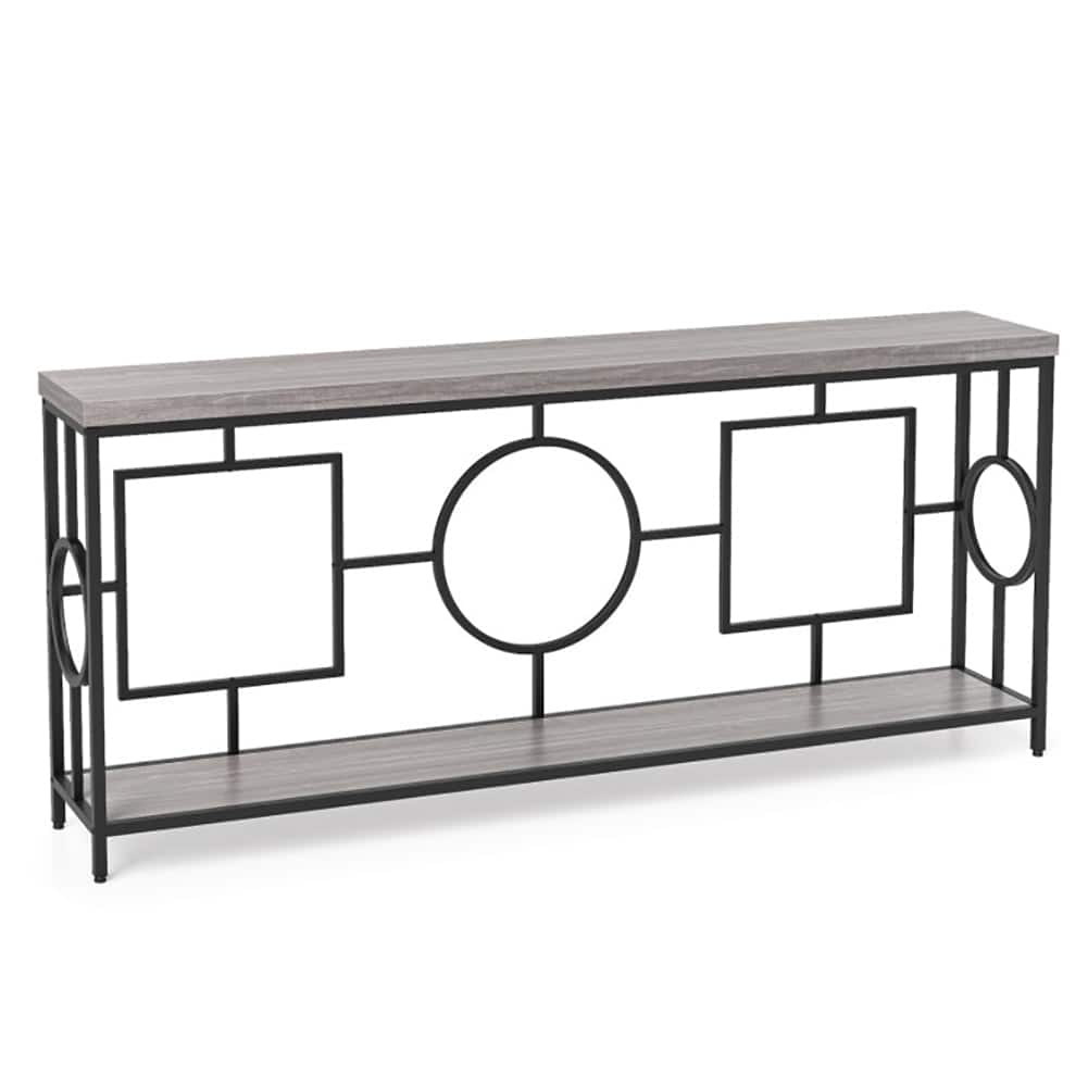 Pefilos - 2-Tier Faux Marble Top Console Table, Entertainment Center with Storage Shelf for Hallway, Rustic - Brown