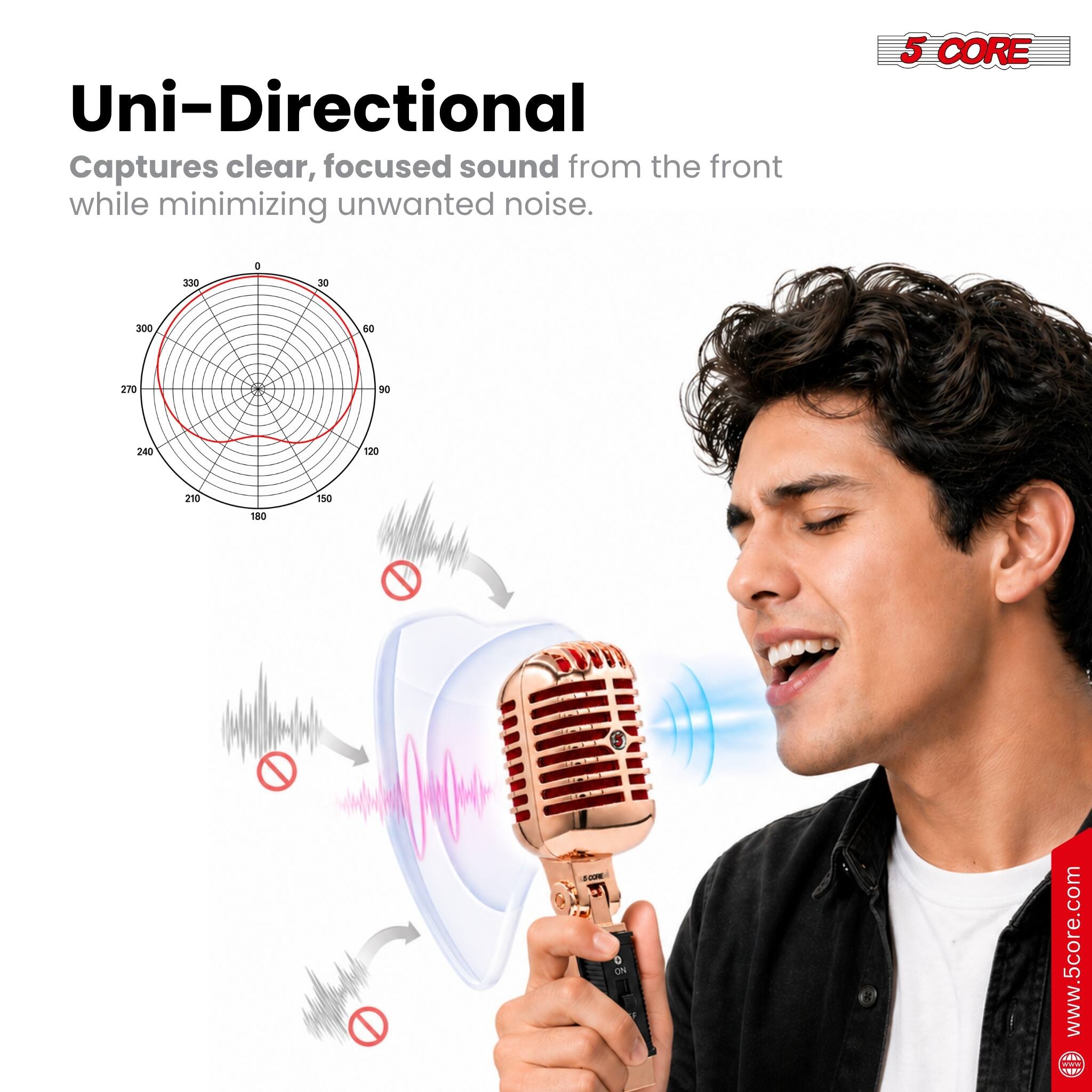Uni-Directional  
Captures clear, focused sound from the front while minimizing unwanted noise.  

5 CORE  
www.5core.com
