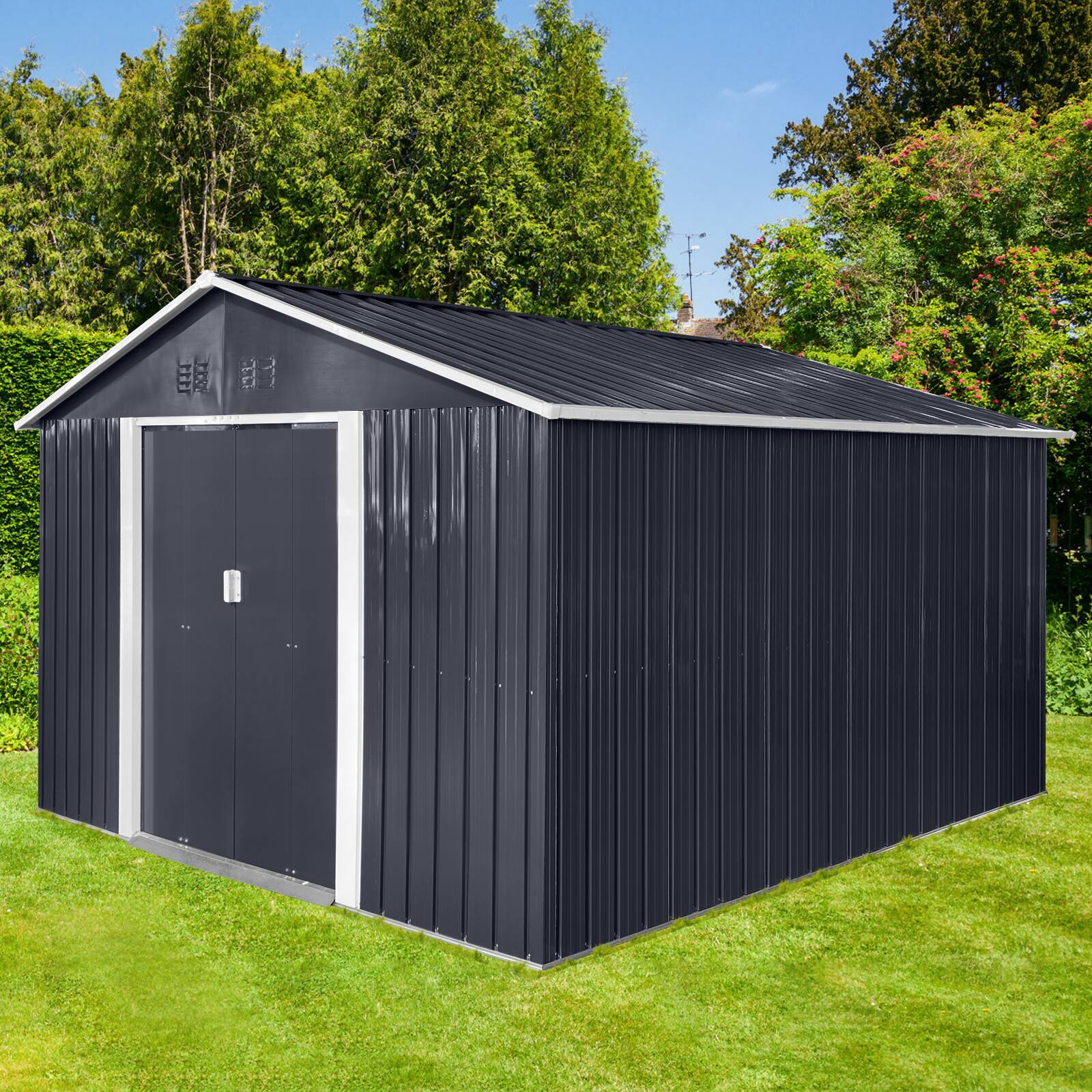 Back. Mondawe - 11x11 Ft Metal Garden Sheds with Window - Grey.