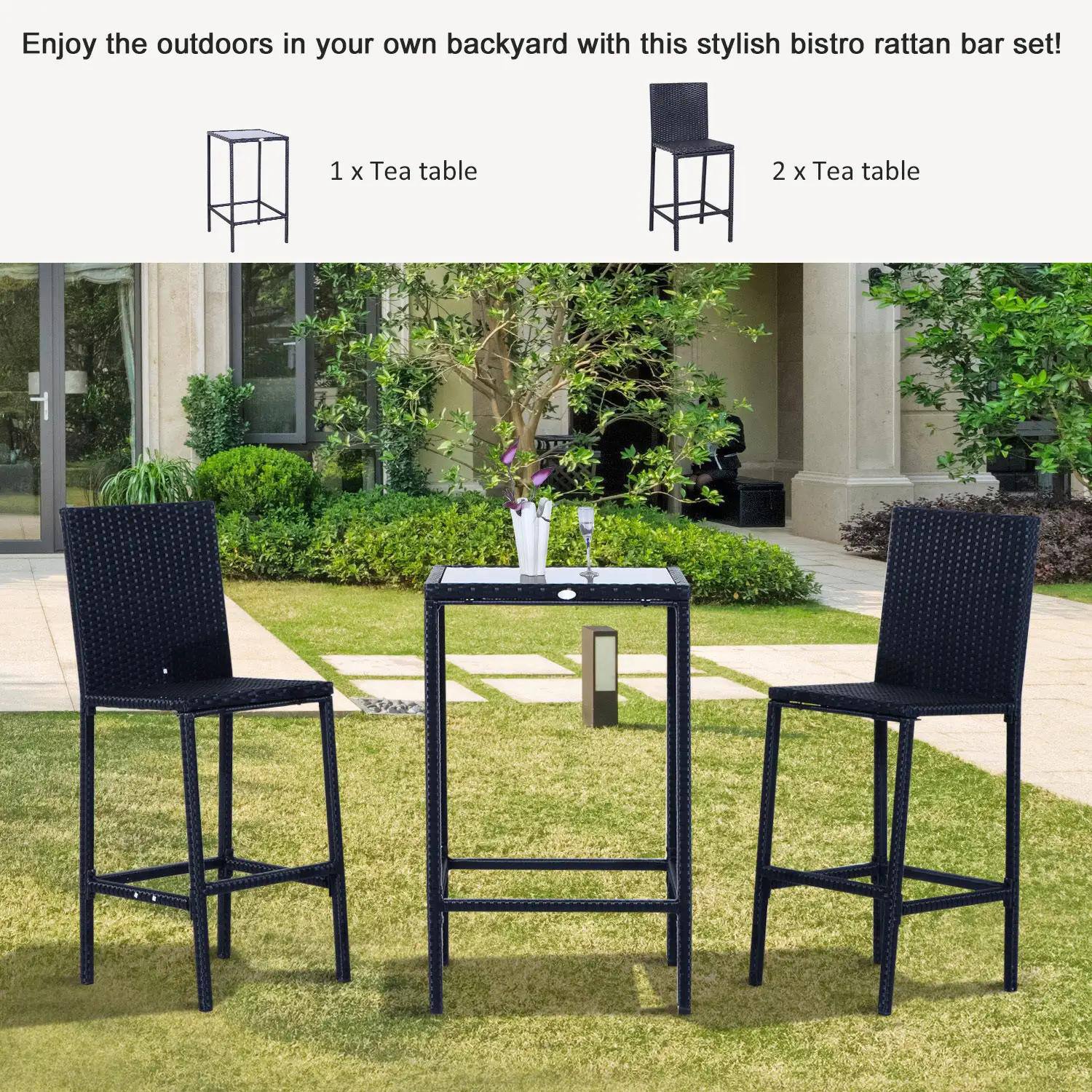 Enjoy the outdoors in your own backyard with this stylish bistro rattan bar set!

1 x Tea table

2 x Tea table