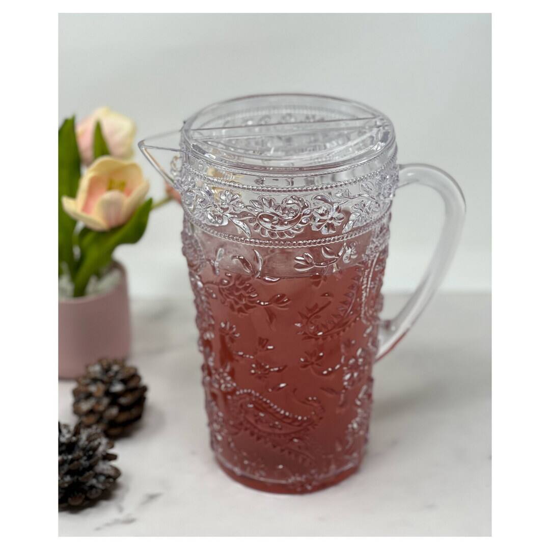 Angle. APRILSOUL - Quarts Water Pitcher with Lid Paisley Unbreakable Plastic BPA Free Juice Pitcher - white.
