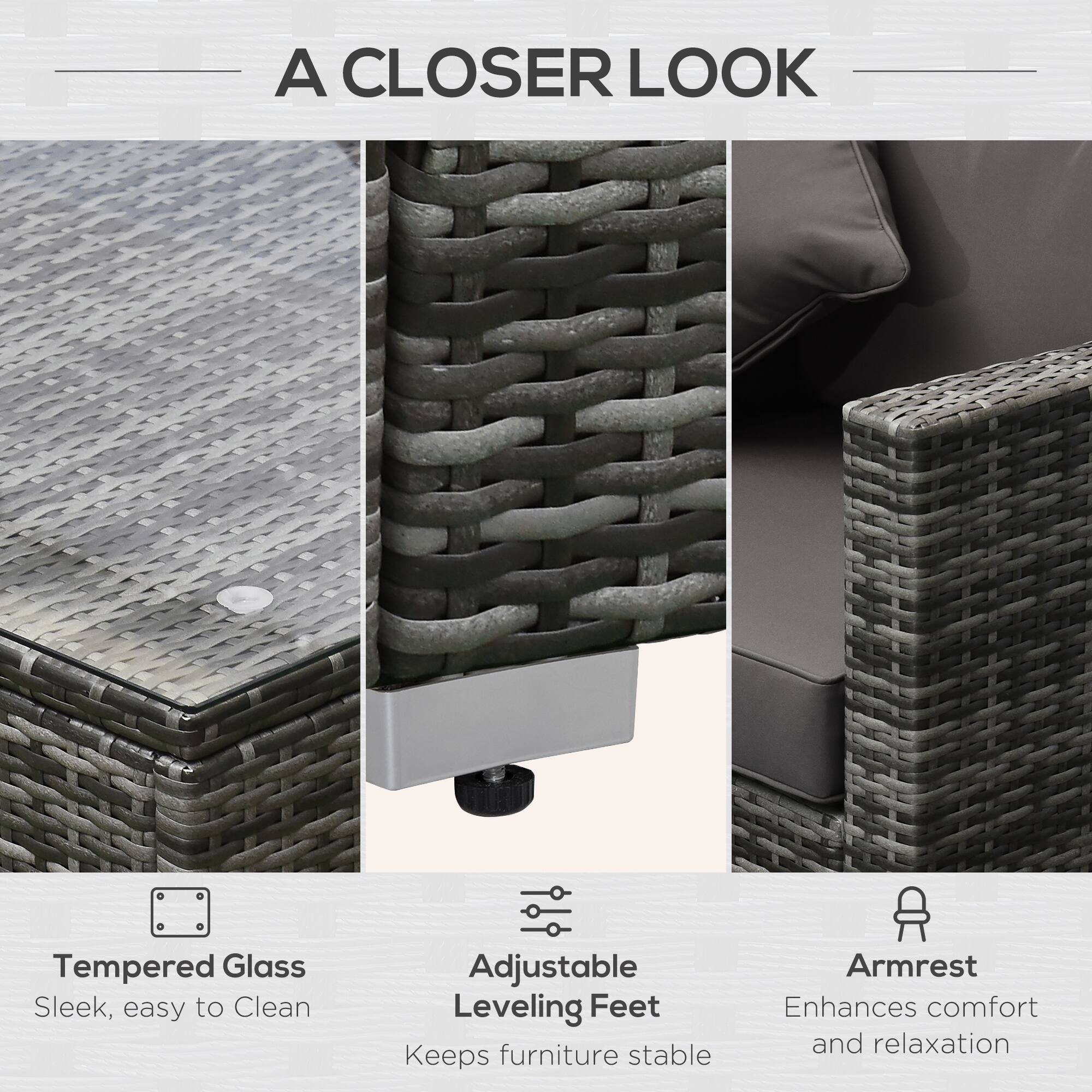 A CLOSER LOOK

Tempered Glass
Sleek, easy to Clean

Adjustable Leveling Feet
Keeps furniture stable

Armrest
Enhances comfort and relaxation