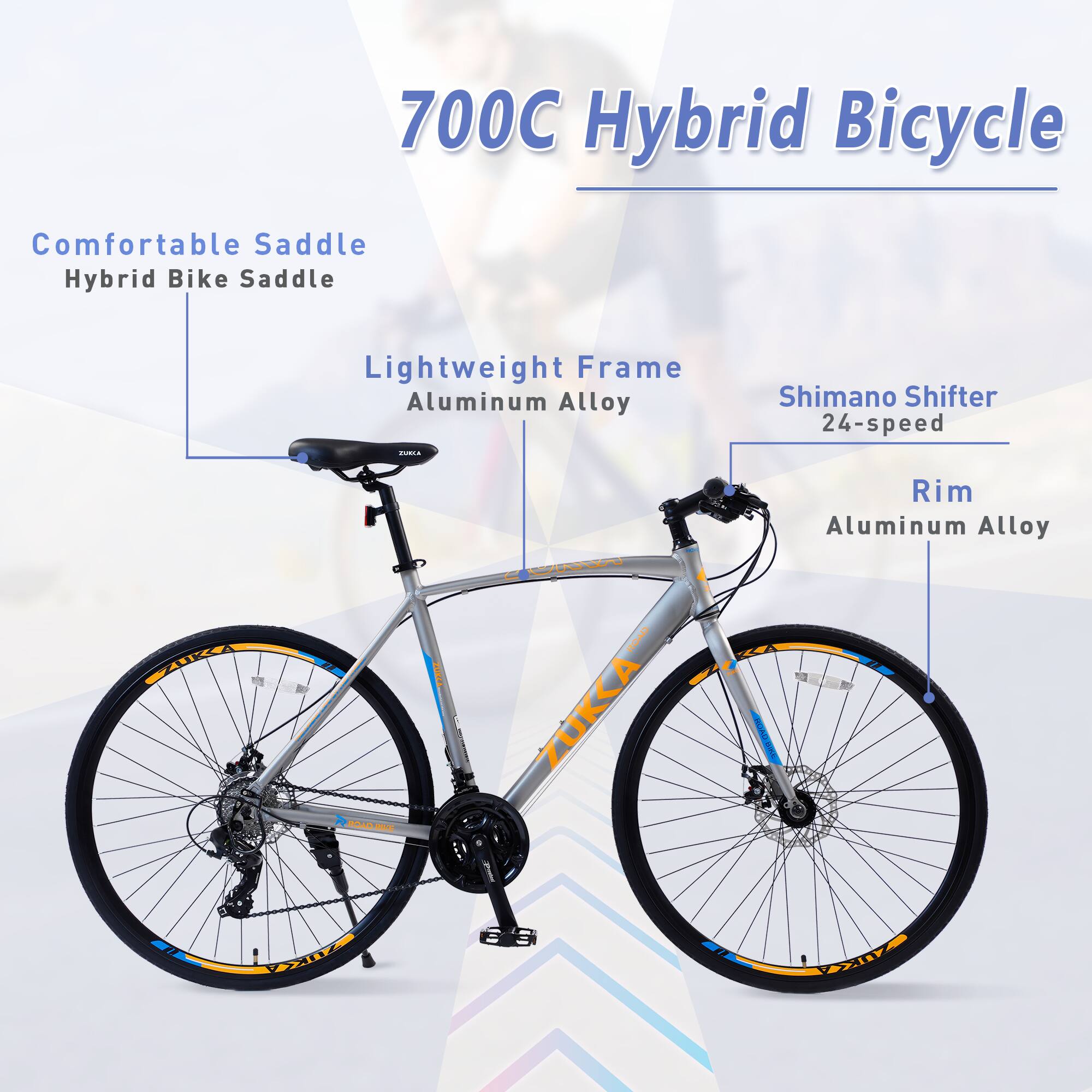 700C Hybrid Bicycle

- Comfortable Saddle
- Hybrid Bike Saddle
- Lightweight Frame
- Aluminum Alloy
- Shimano Shifter
- 24-speed
- Rim
- Aluminum Alloy