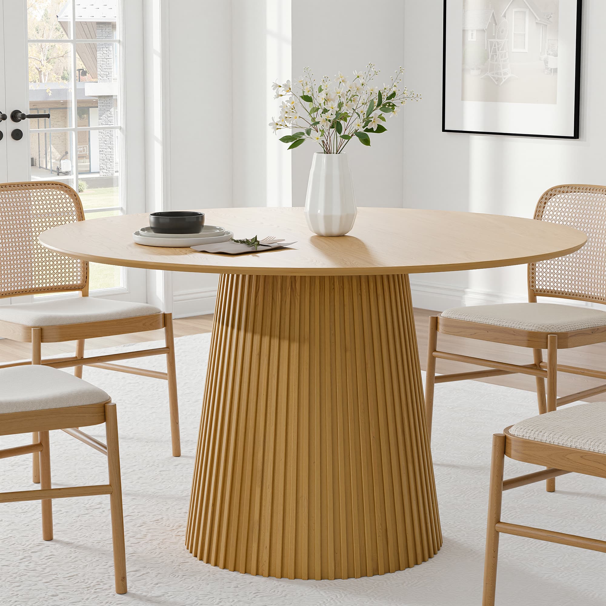 PexFix - Minimalist Farmhouse Solid Oak Dining Table, 46" Round with Tapered Pedestal Base for 4 - Natural