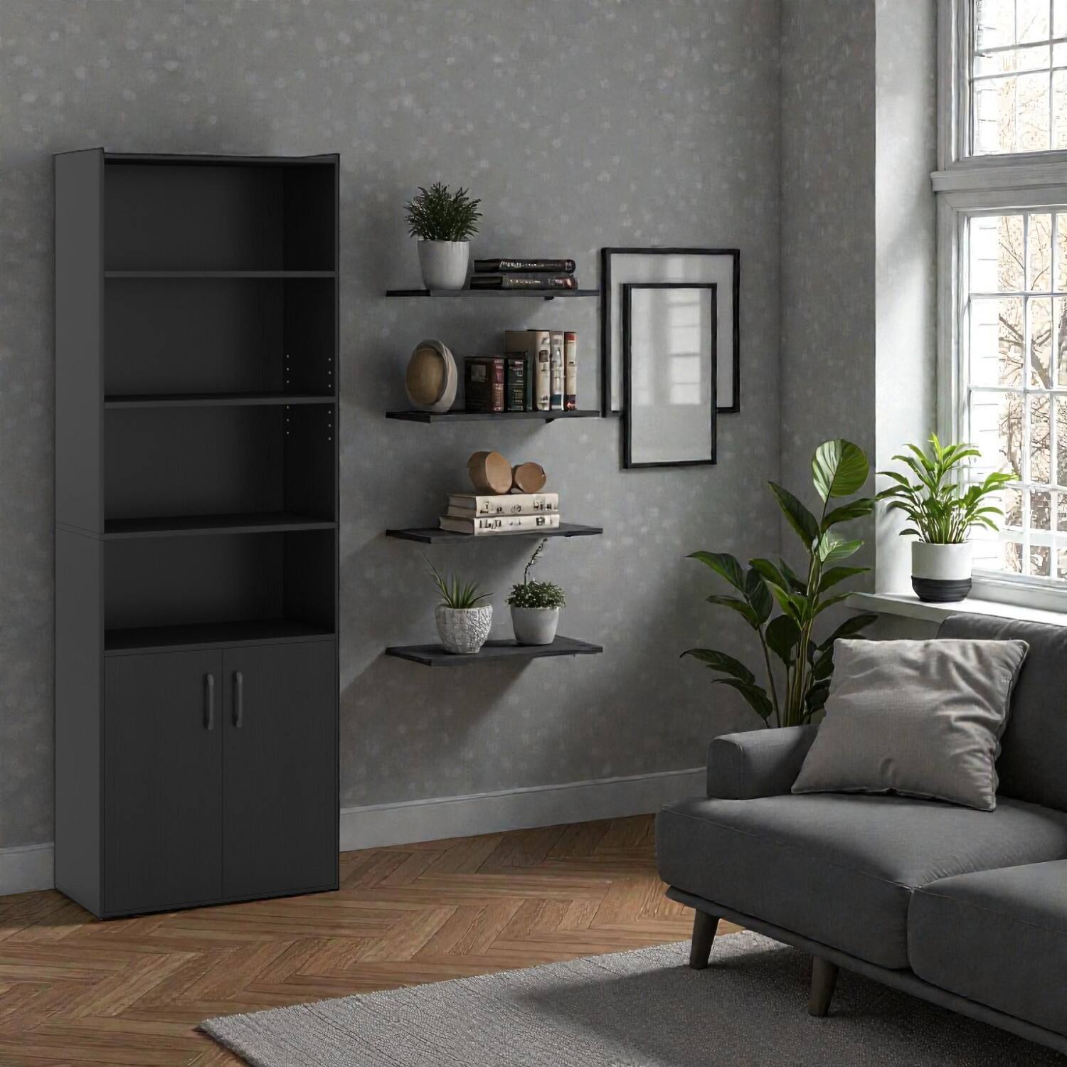 Front. Hivvago - Modern 70-Inch Storage Cabinet with 6 Adjustable Shelves for Books and Decor - Black.