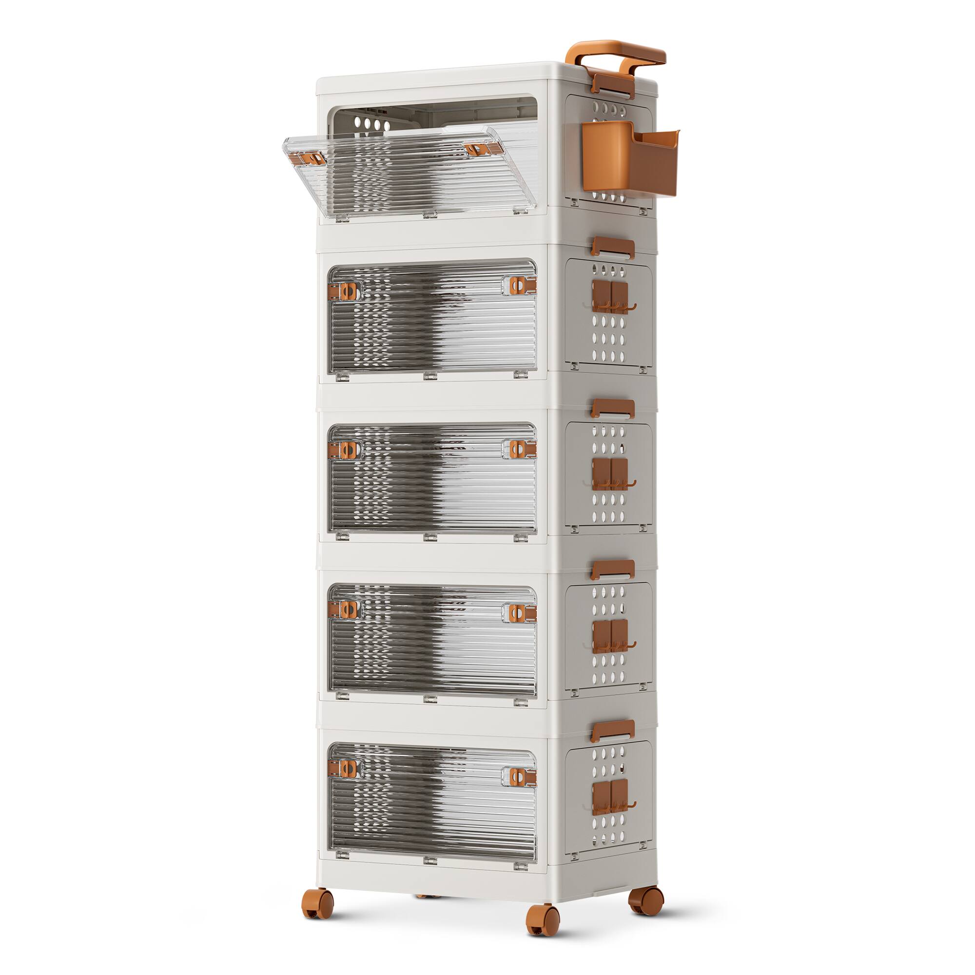 Front. KERDOM - Stackable Plastic Storage Bins Set, Movable 34 QT Foldable Storage Boxes Organizers with Hooks, Collapsible Drawers - White.