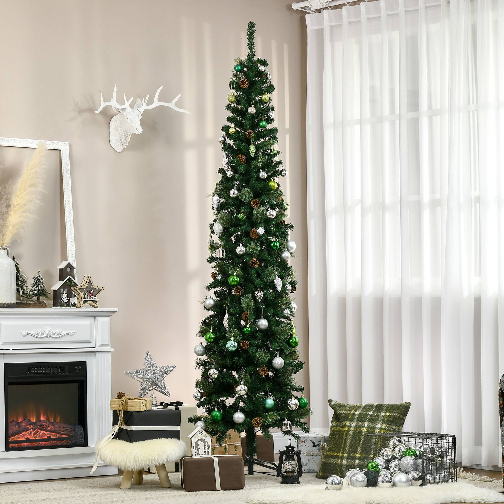Alt View 1. Homcom - Pencil Artificial Christmas Tree, Slim Pine Needles, Realistic Branches, Pine Cones, Metal Base - green.