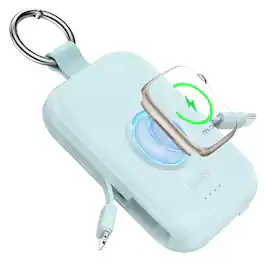 RORRY - CharmGo 5000mAh Portable Charger with Built-in Cables, Keychain Design, Compatible with Apple Watch and iPhone - Blue