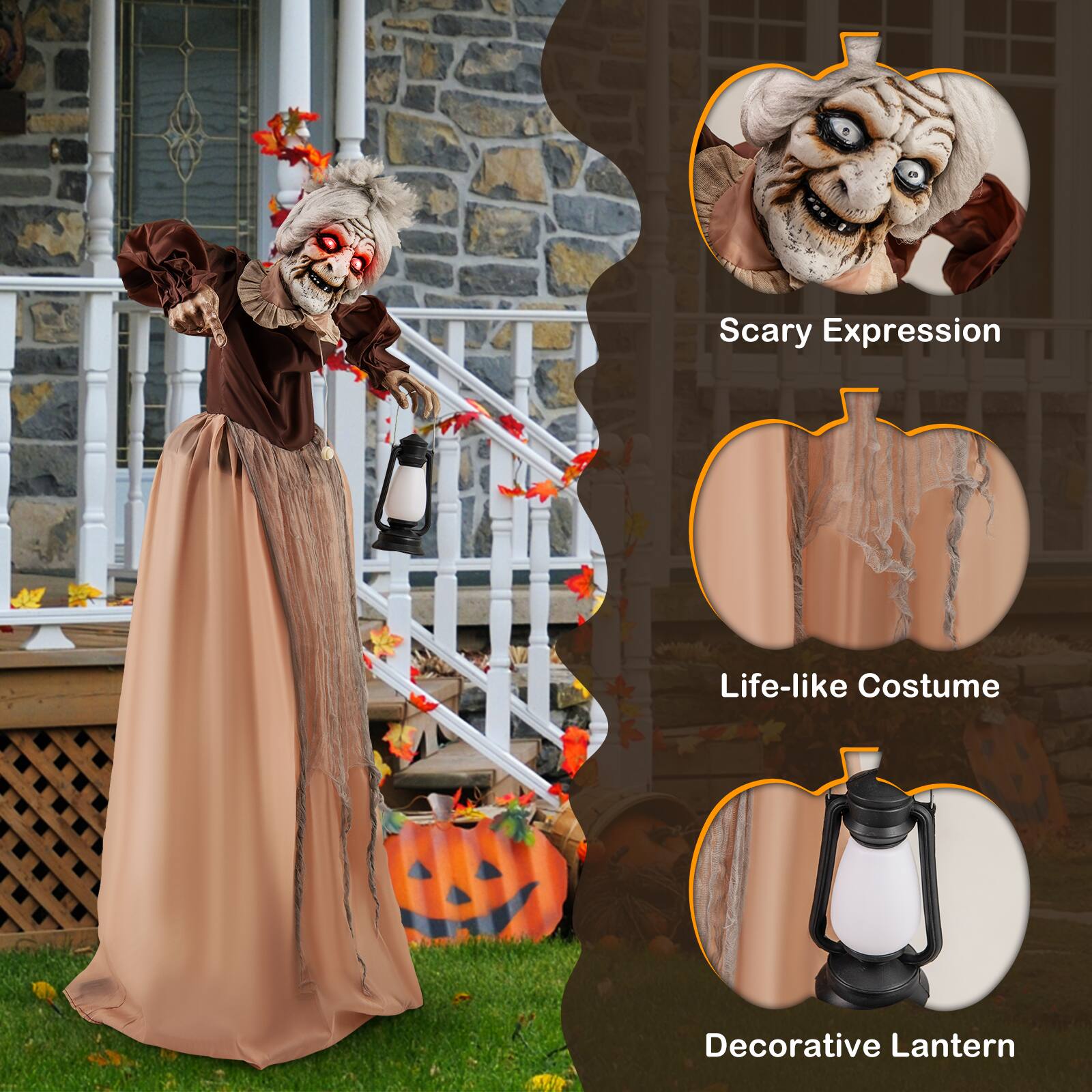 Scary Expression: The image features a scary expression, which could be a part of a Halloween decoration or a costume.

Life-like Costume: The image showcases a life-like costume, which could be used for a Halloween event or a theatrical performance.

Decorative Lantern: The image also displays a decorative lantern, which could be used to enhance the ambiance of a Halloween-themed event or a home decoration.