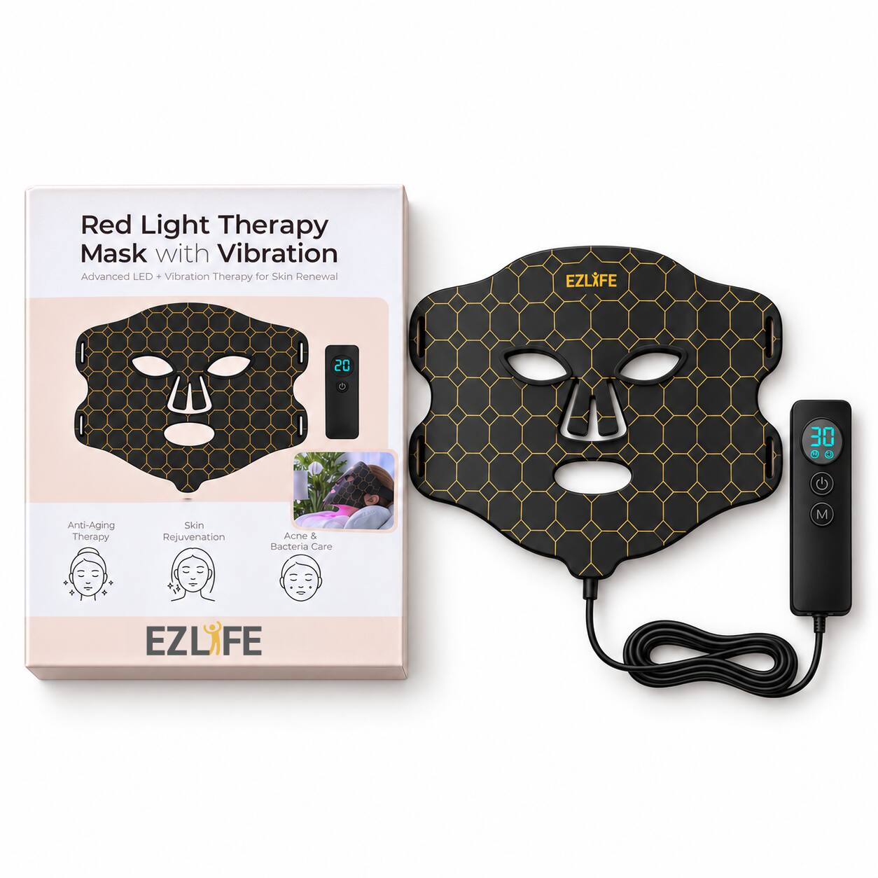 Red Light Therapy Mask with Vibration  
Advanced LED + Vibration Therapy for Skin Renewal  

EZLIFE  

20  
30 0 G  

Anti-Aging Therapy  
Skin Rejuvenation  
Acne & Bacteria Care  

M  

EZLIFE