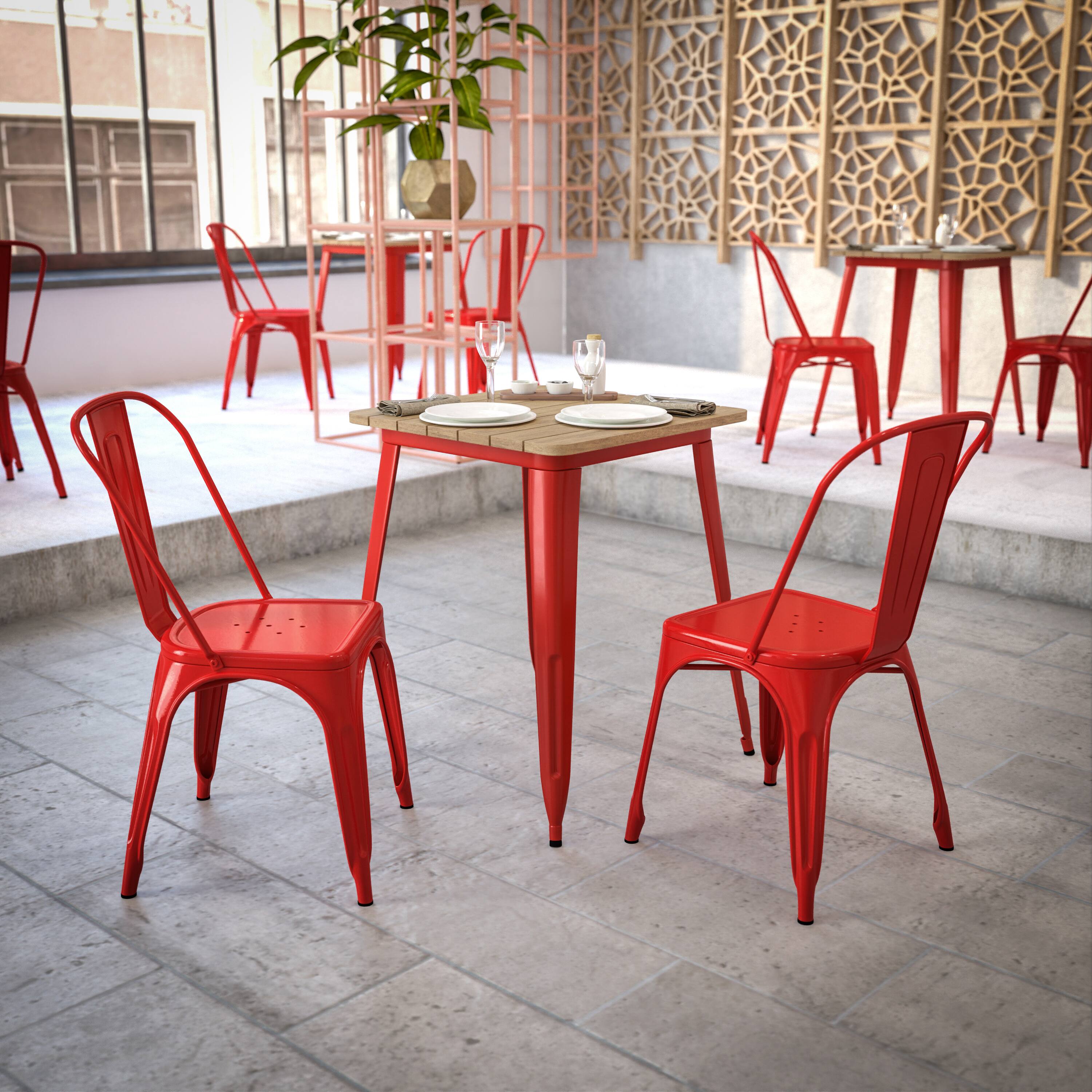 Alt View 3. Flash Furniture - Declan Commercial Grade Indoor/Outdoor Dining Table, 23.75" Square All Weather Brown Poly Resin Top with Red Steel Base - Red.