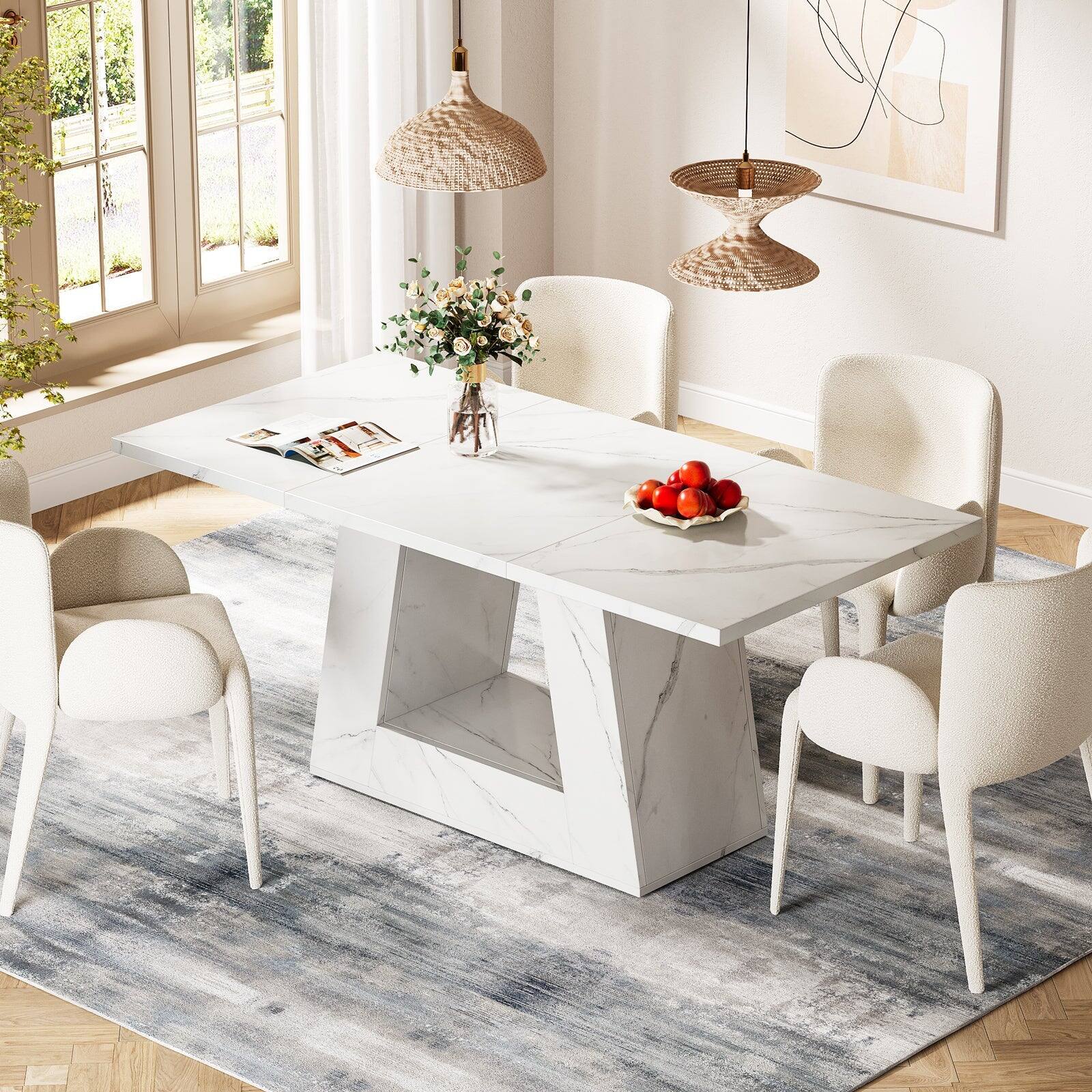 Back. Tribesigns - Dining Table with Faux Marble Top, Trapezoidal Legs and Rectangular Top for Dining Room - White.