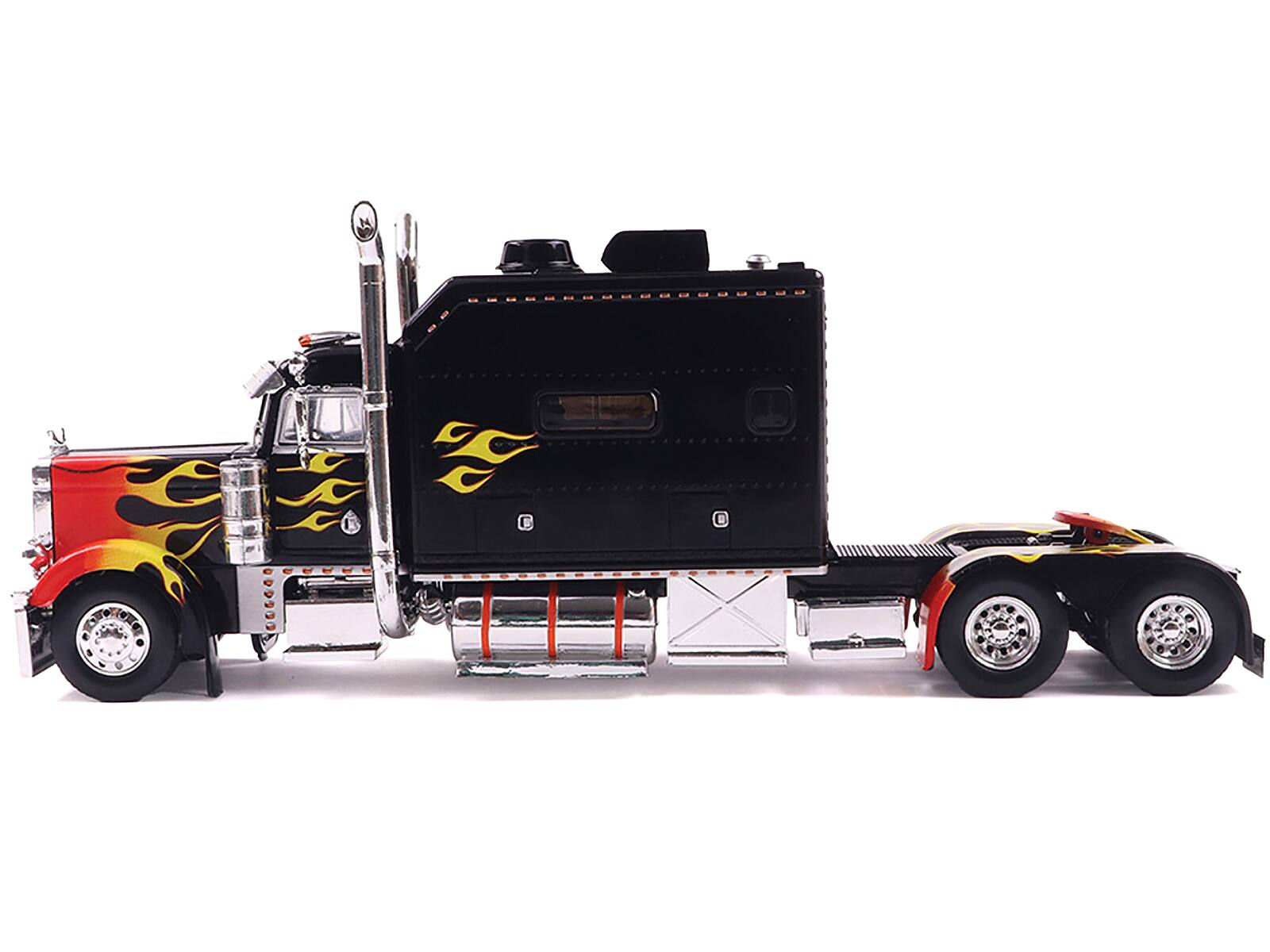 Left. IXO - 2002 Peterbilt 379 Custom Truck Tractor Black with Flame Graphics 1/43 Diecast Model by IXO Models - Black with Flame Graphics.